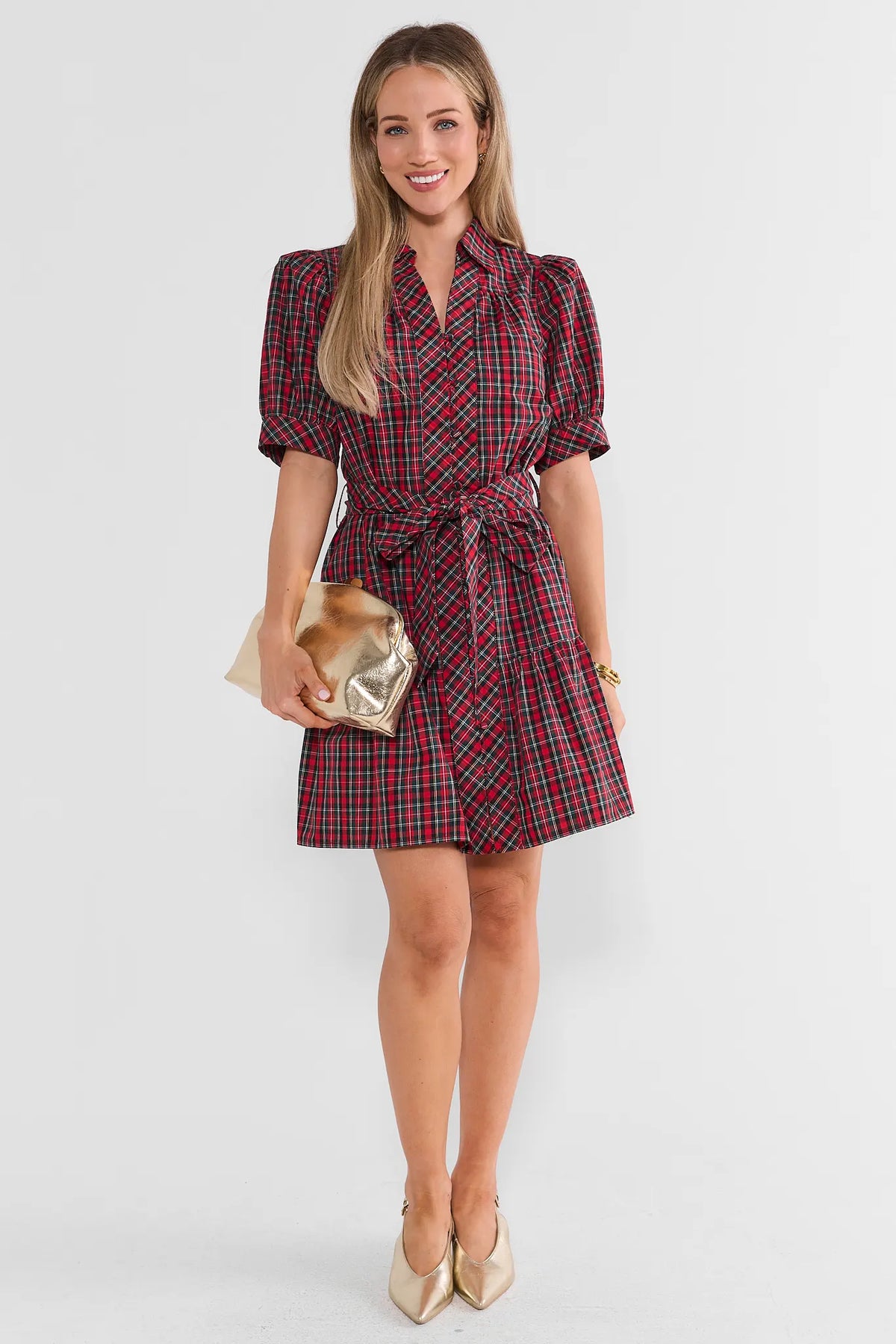 Red Plaid Button-Up Short Dress - Full Length Front, Styled with Gold Heels | Avara