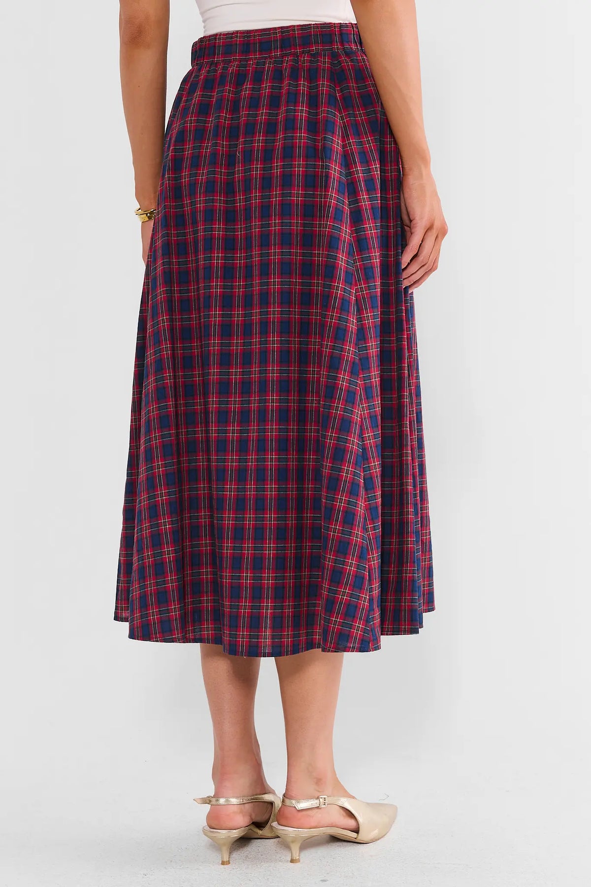 Red Plaid Pleated Midi Skirt