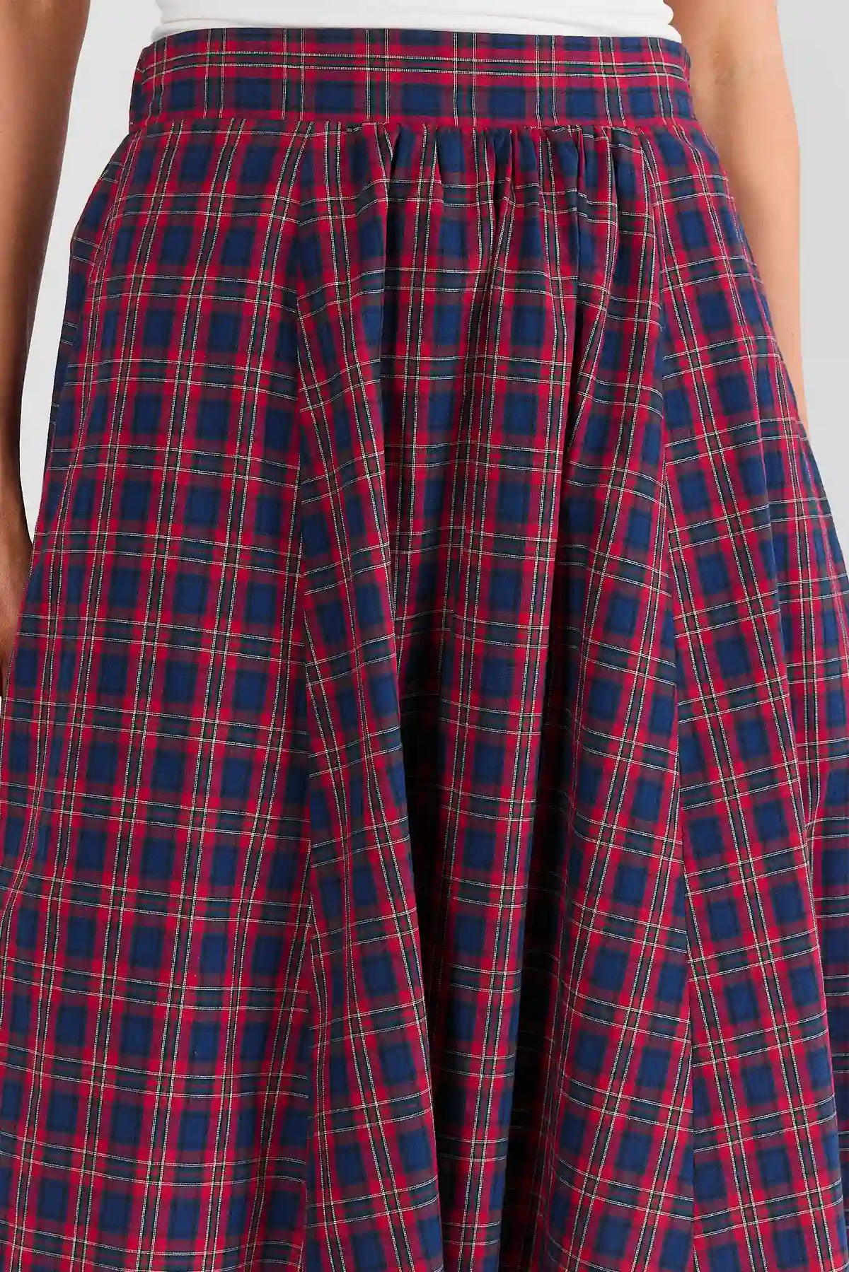 Red Plaid Pleated Midi Skirt