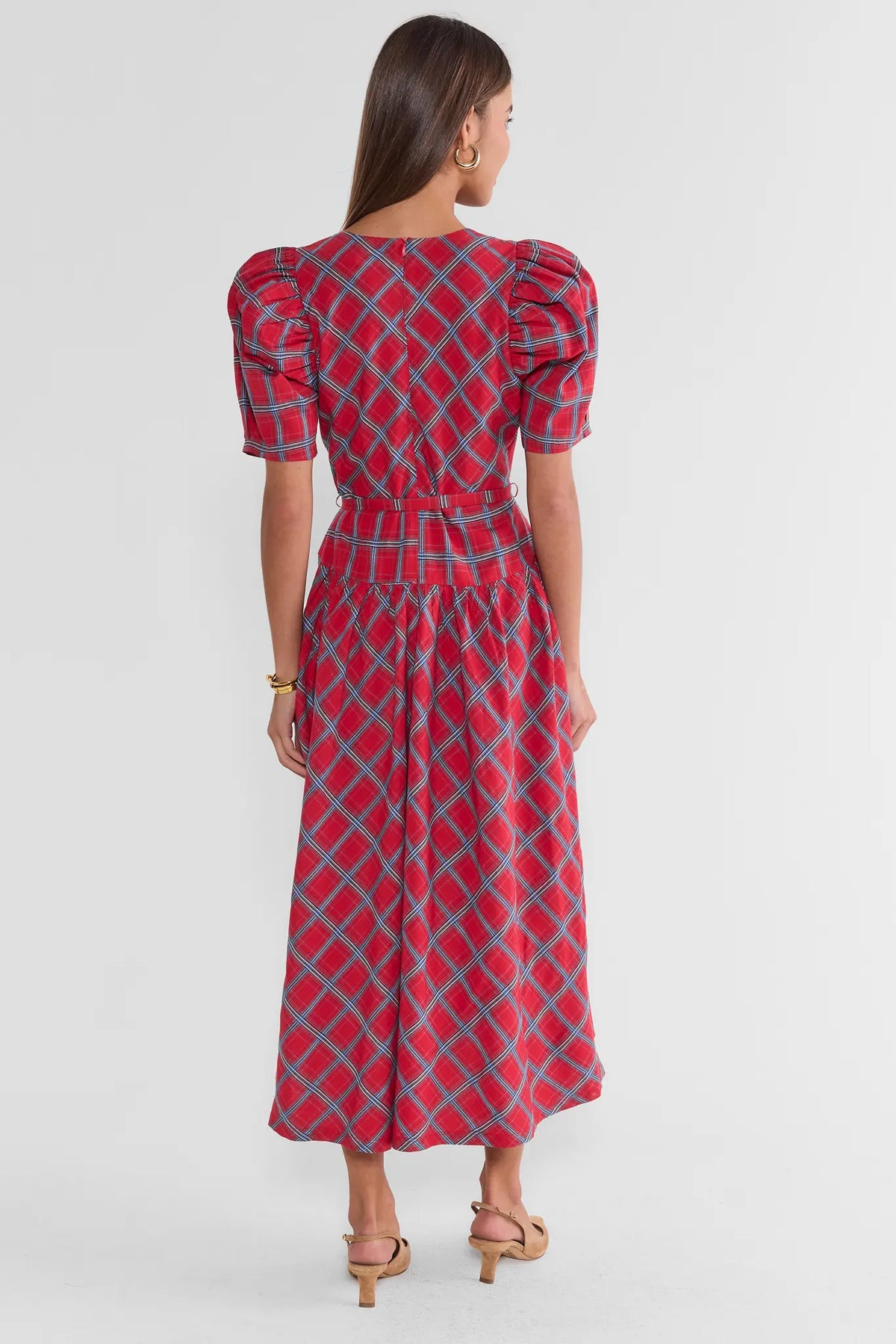 Red Printed Drop Waist Midi Dress