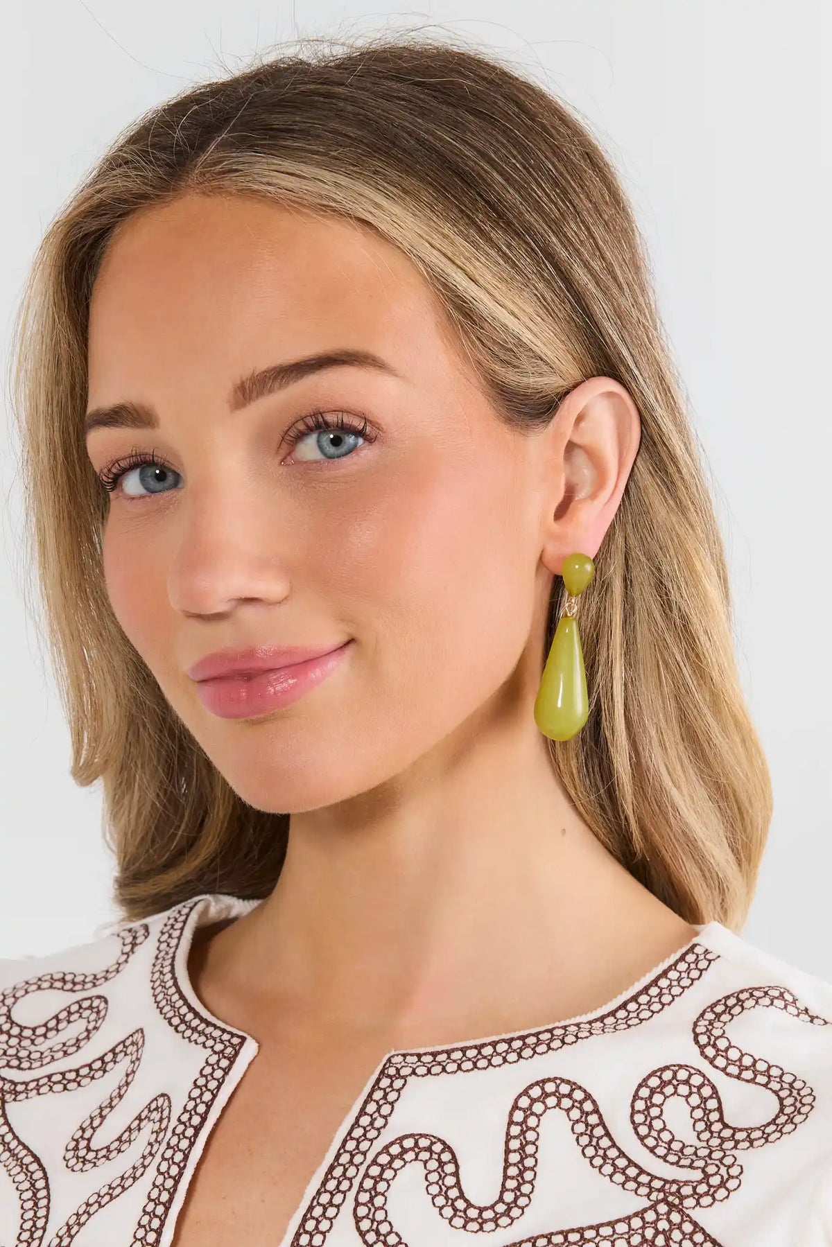 Olive Green Resin Teardrop Drop Earrings - On Model Front View | Avara