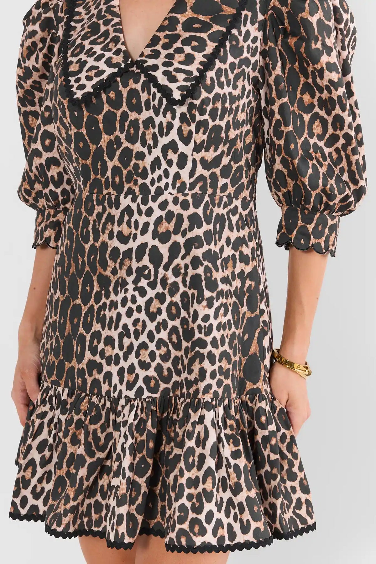 Tan & Black Leopard Print Short Dress - Ruffle Hem & Scalloped Sleeve Detail | Avara