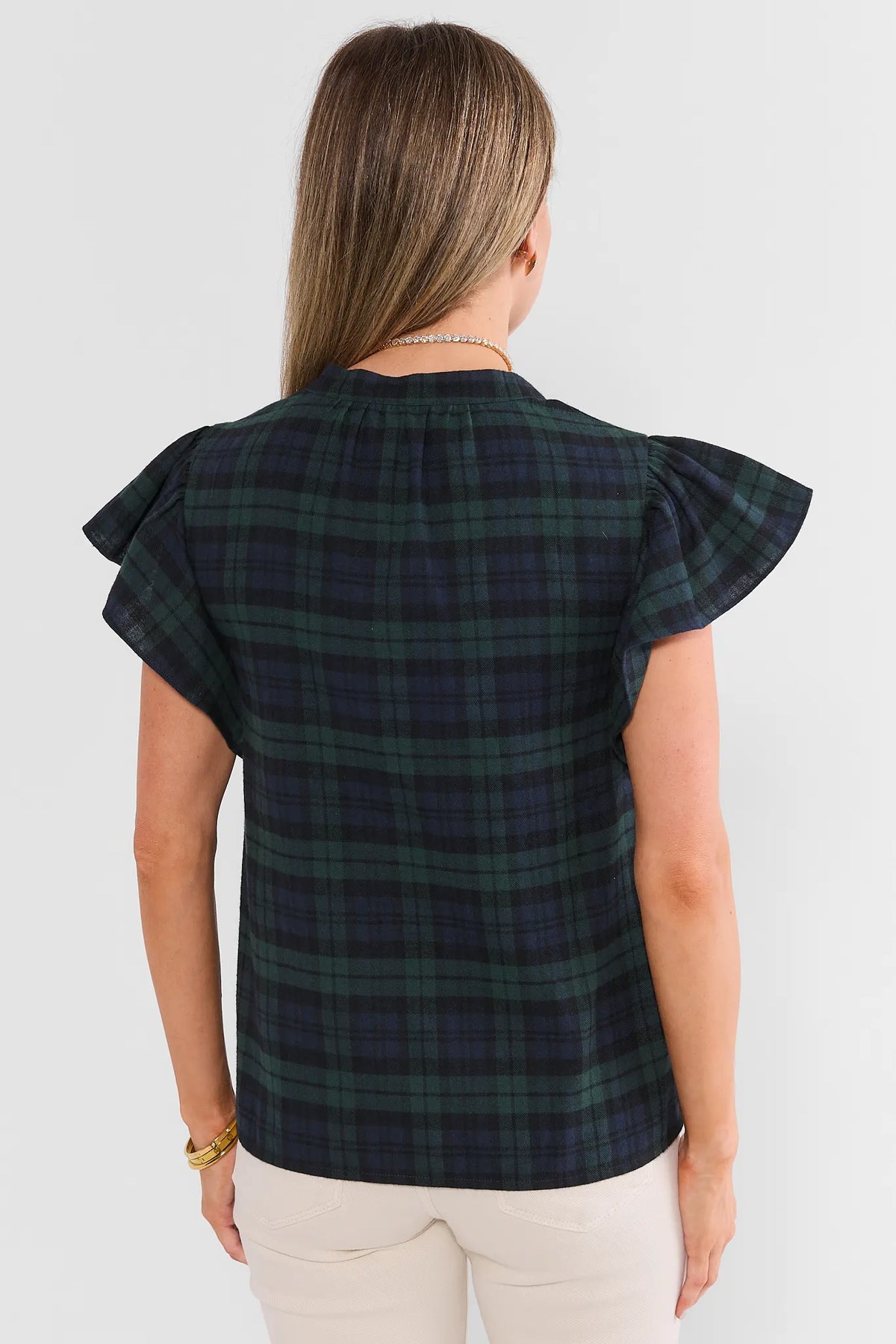 Camryn Navy Plaid Flutter Sleeve Top