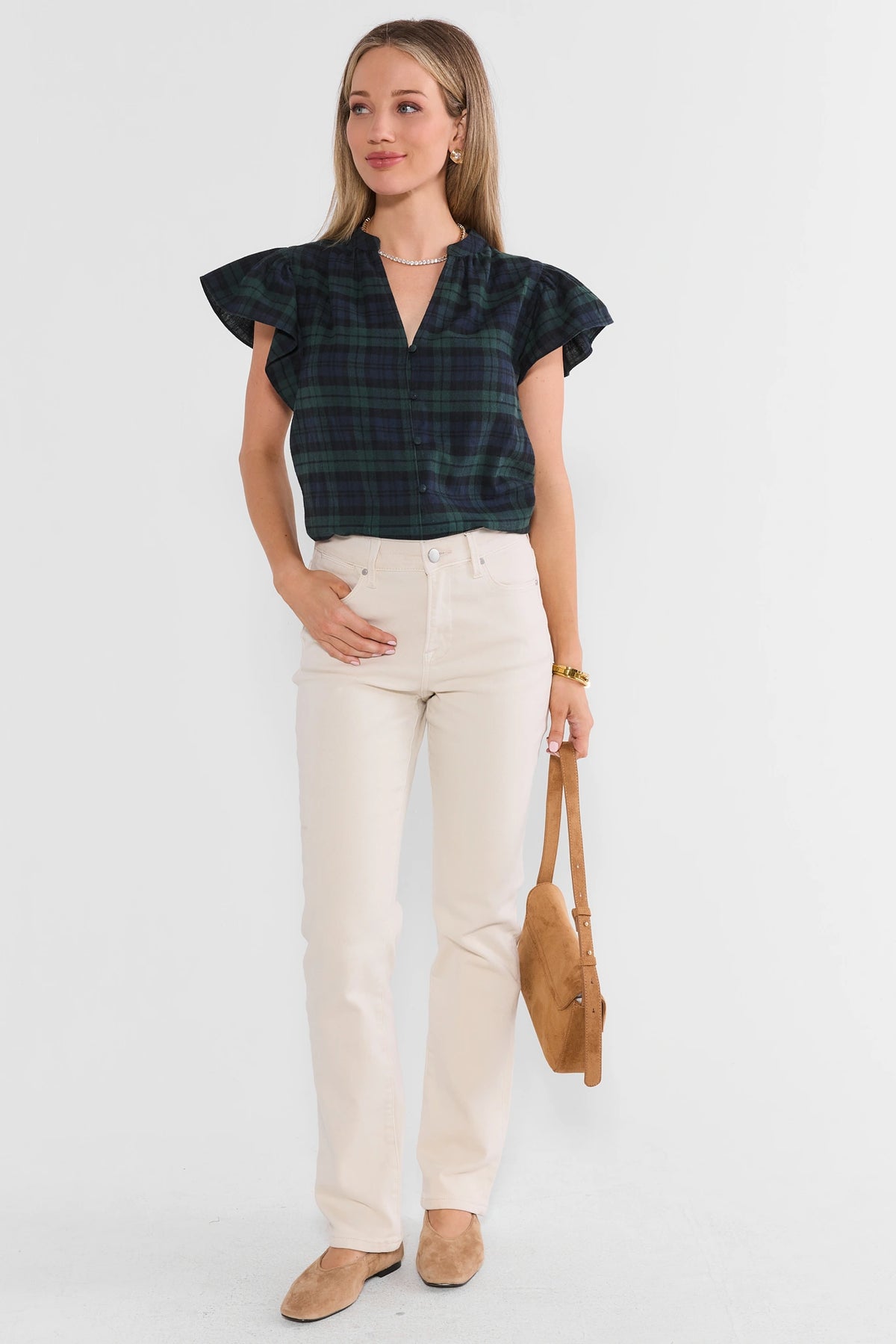 Camryn Navy Plaid Flutter Sleeve Top
