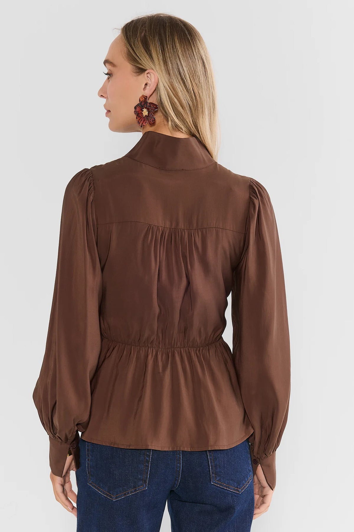 Brown Tie Waist Stand Collar Top