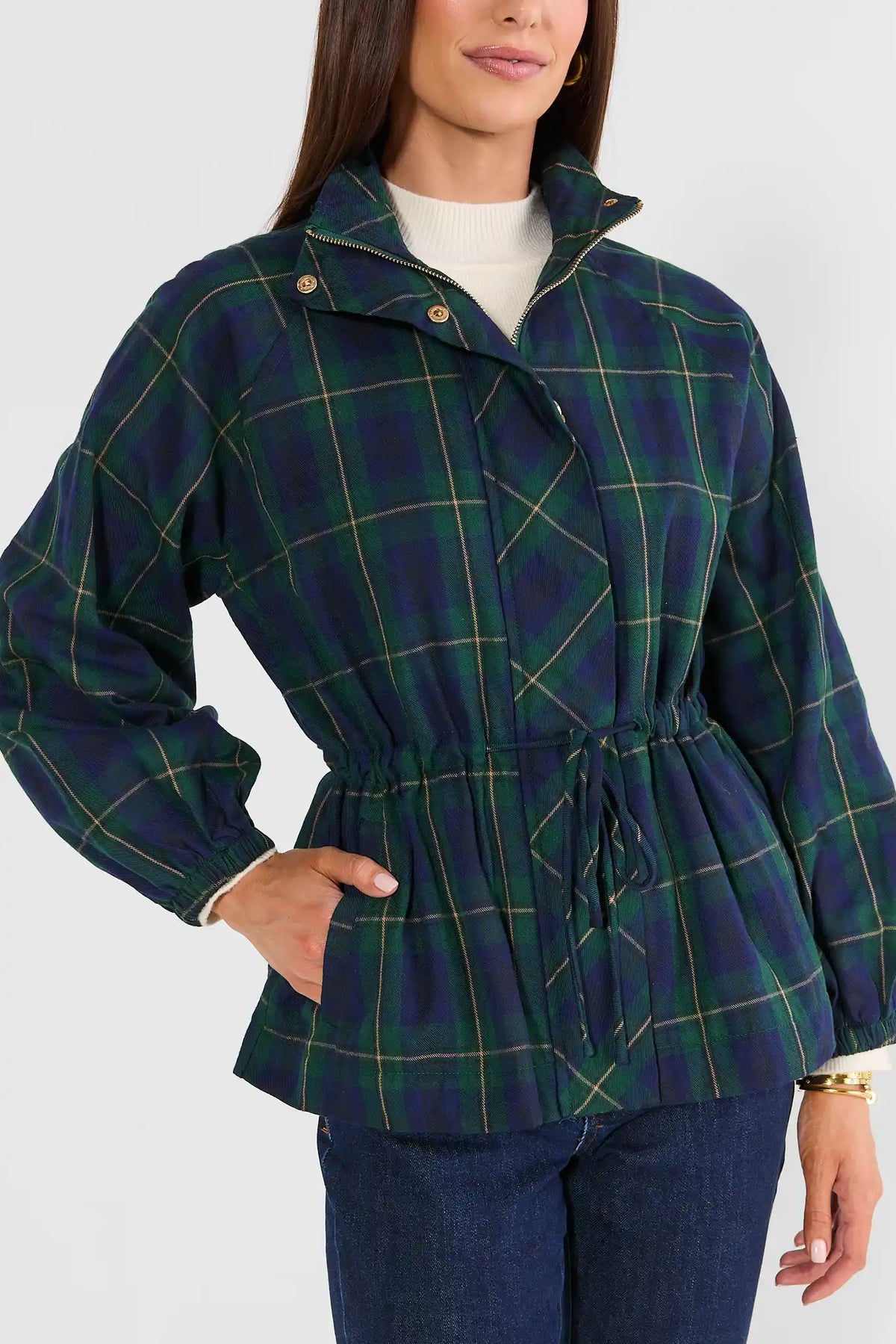 Navy Plaid Zip Up Jacket