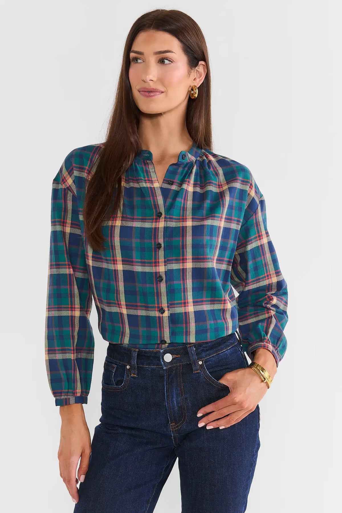 Green Plaid Button Up Top