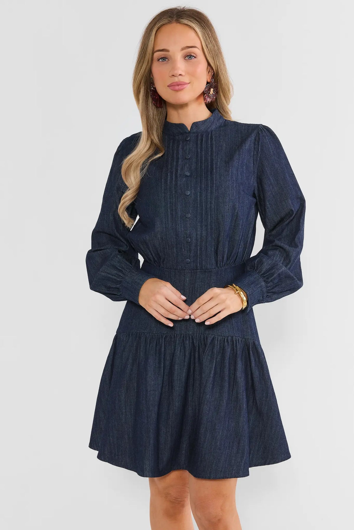 Blue Pleated Button Up Short Dress