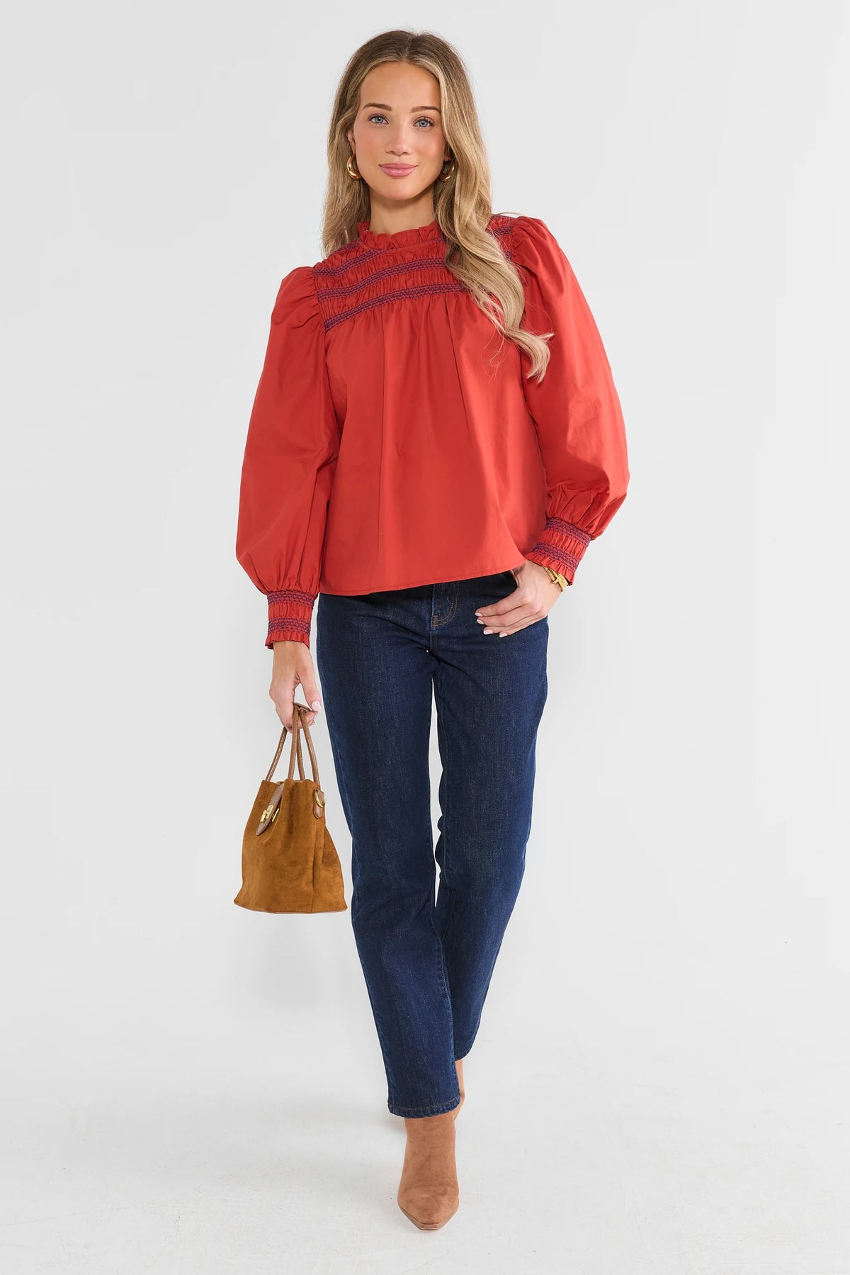 Taylor Rust Smocked Detail Top