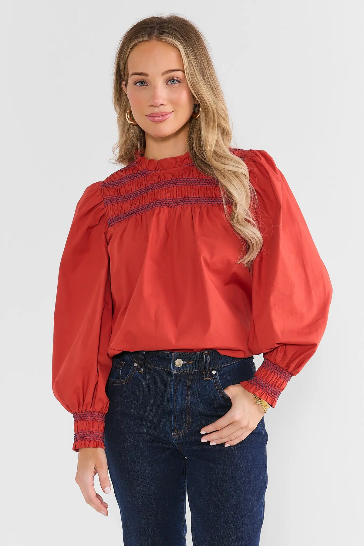 Taylor Rust Smocked Detail Top