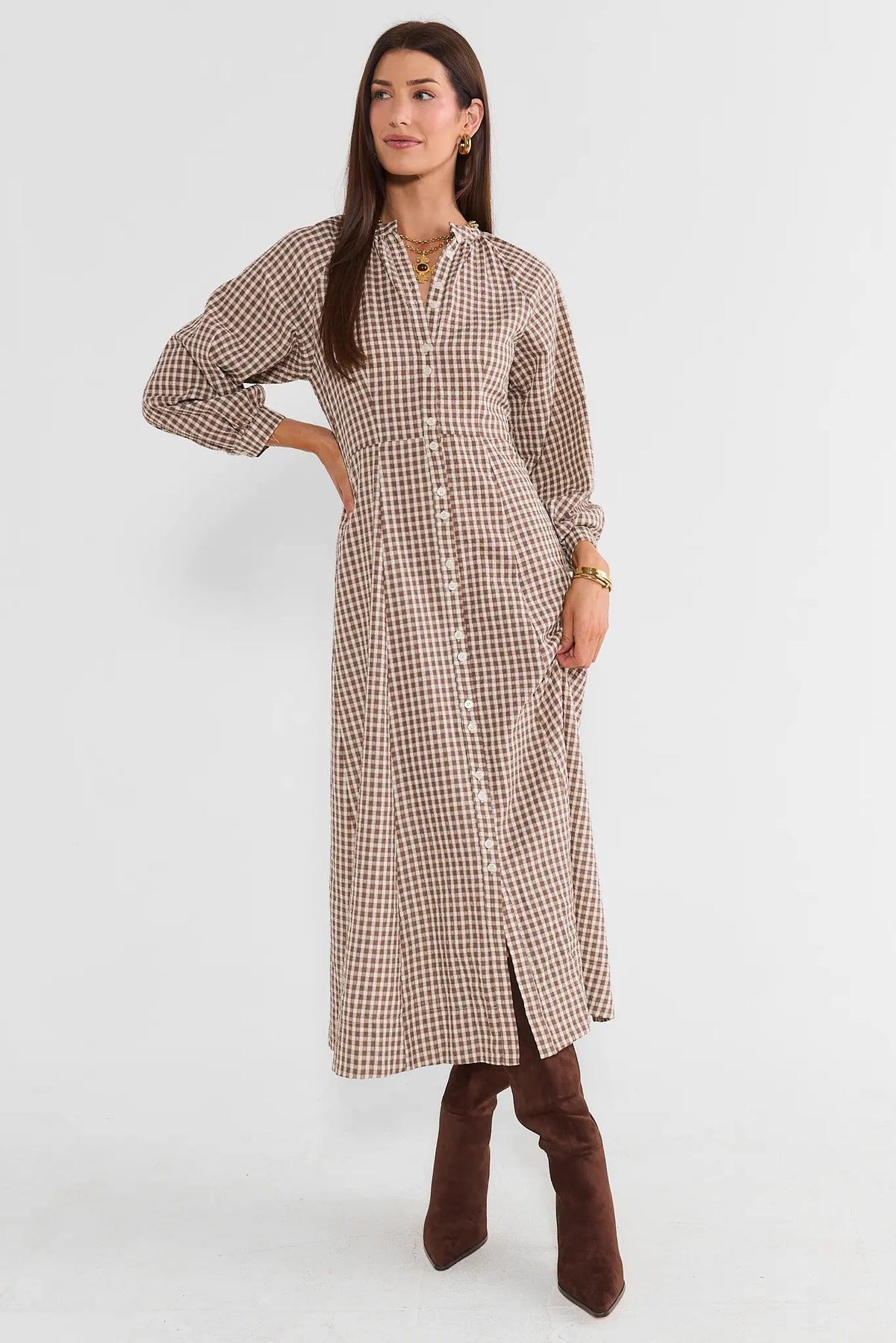 Brown Gingham Button Up Midi Dress
