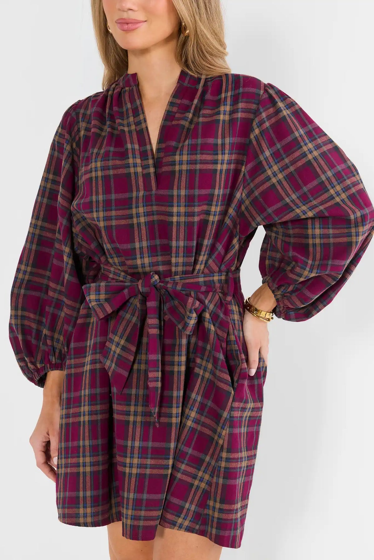 Kelly Maroon Plaid Tie Waist Short Dress