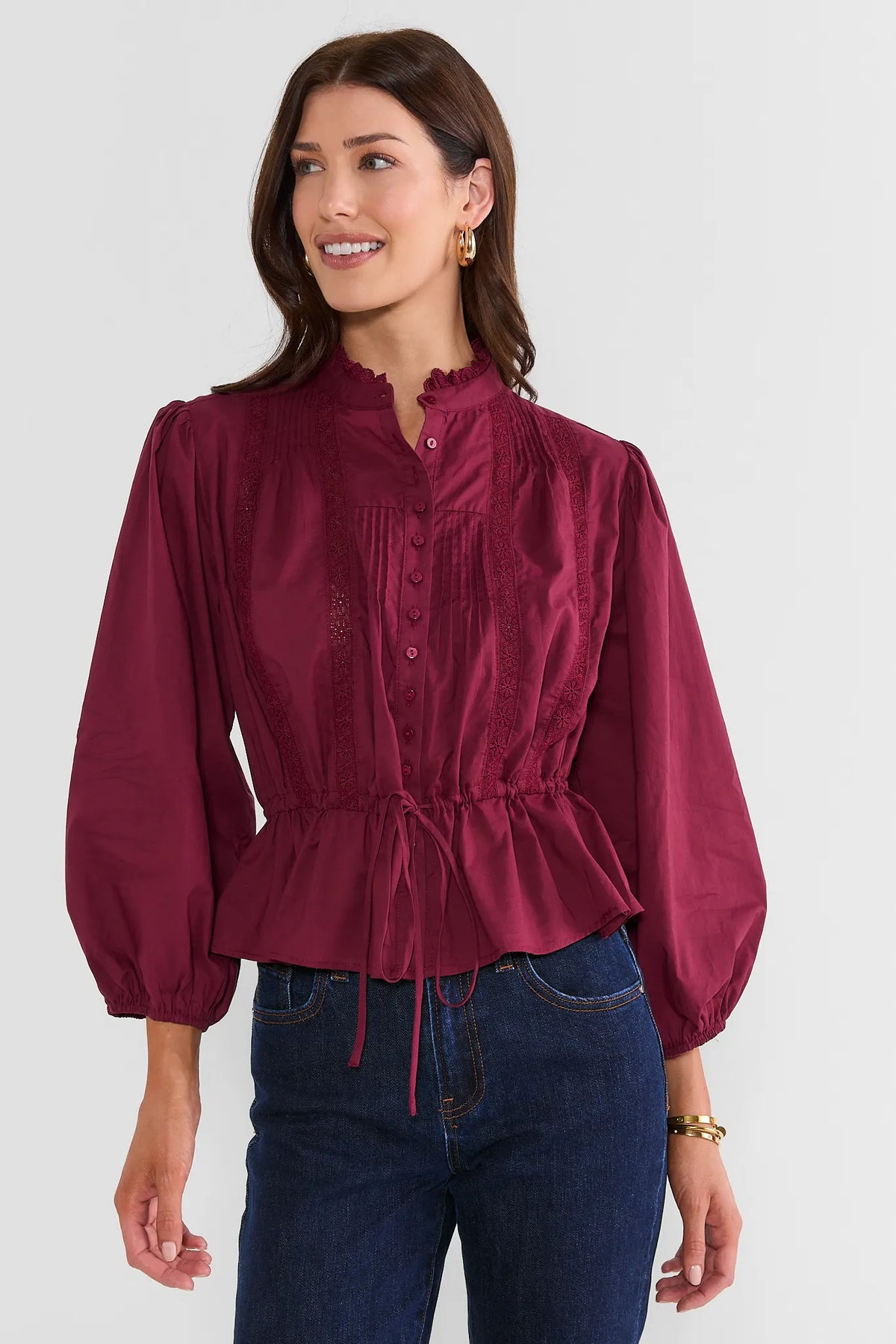 Burgundy Button Up Tie Waist Top