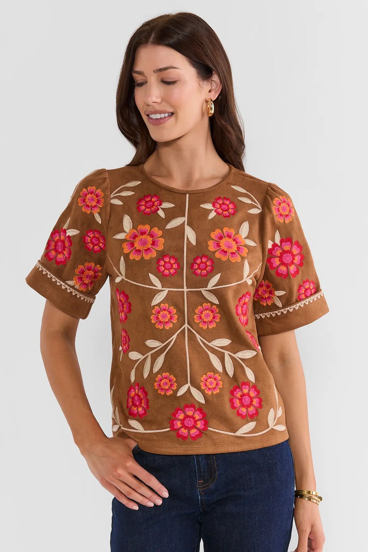 Brown Floral Embroidered Top by THML