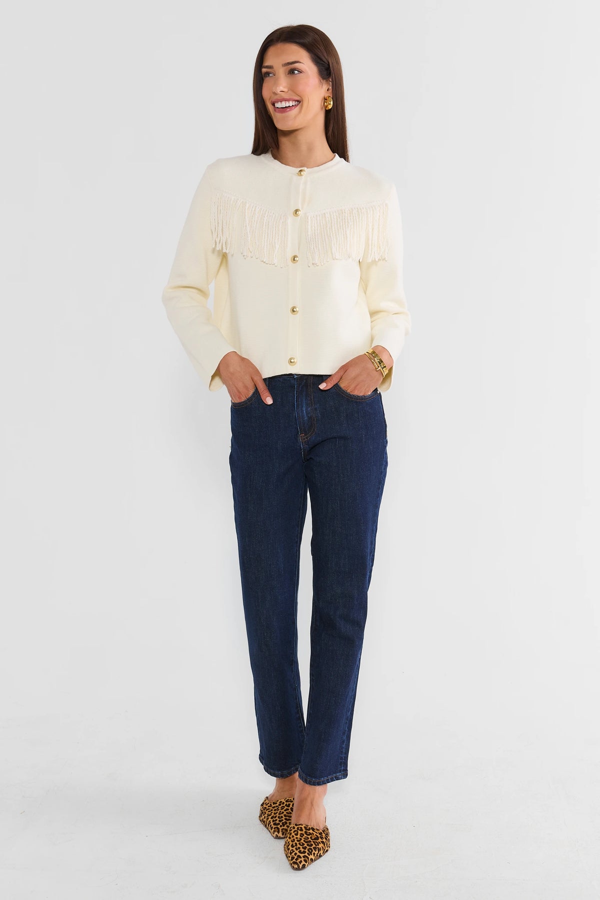 White Fringe Detail Button Up Top