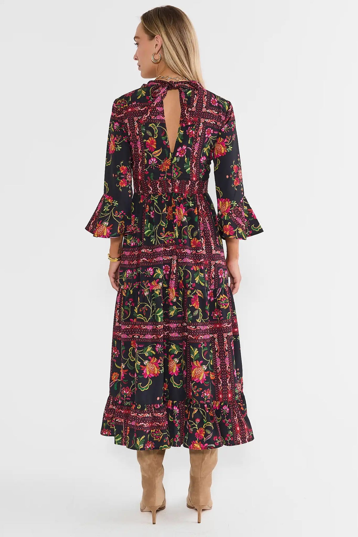Black Floral Print Maxi Dress - Back View, Open Keyhole Detail and Tiered Skirt | Avara