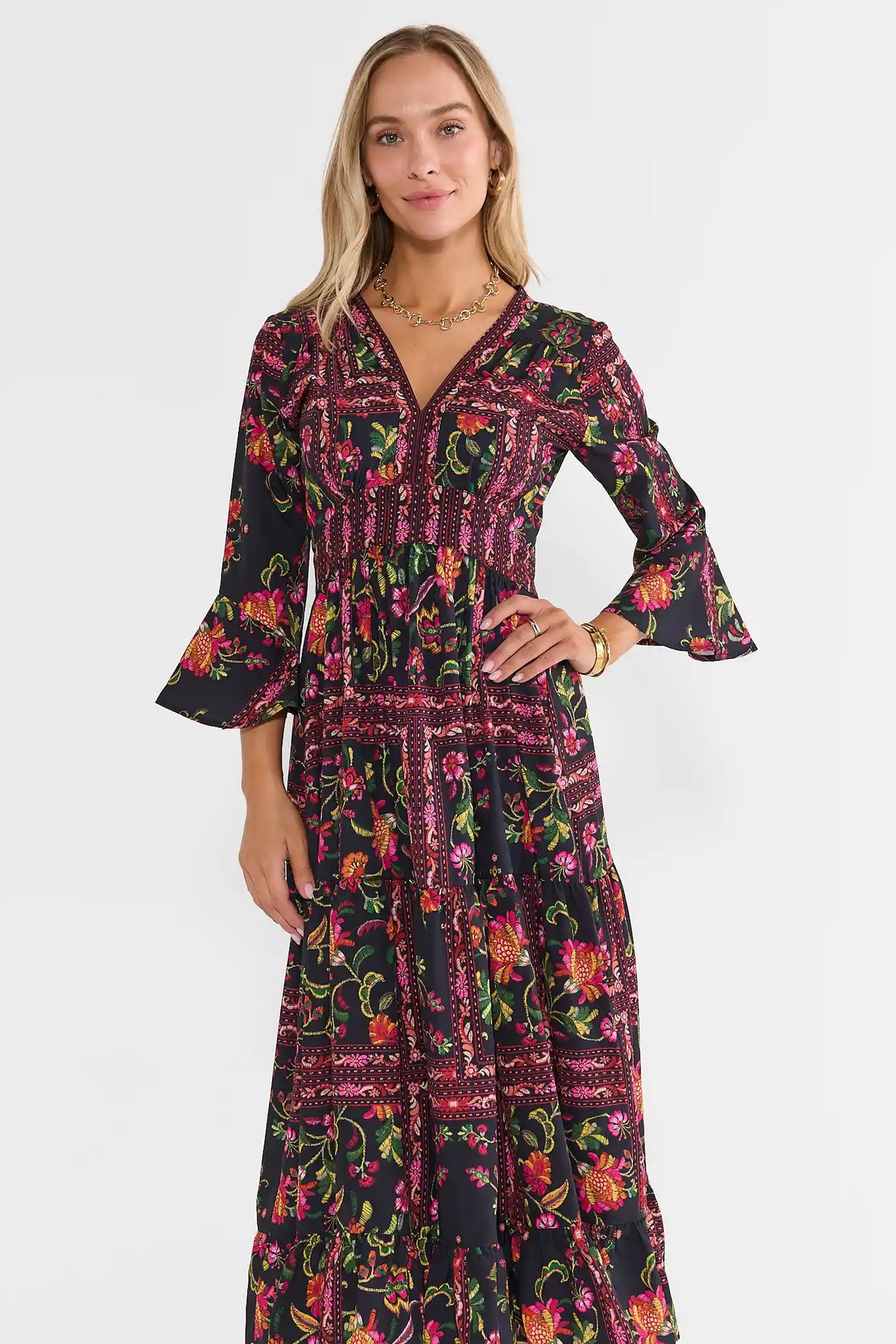 Black Floral Print Maxi Dress - Front View, V-Neckline and Bell Cuff Detail | Avara