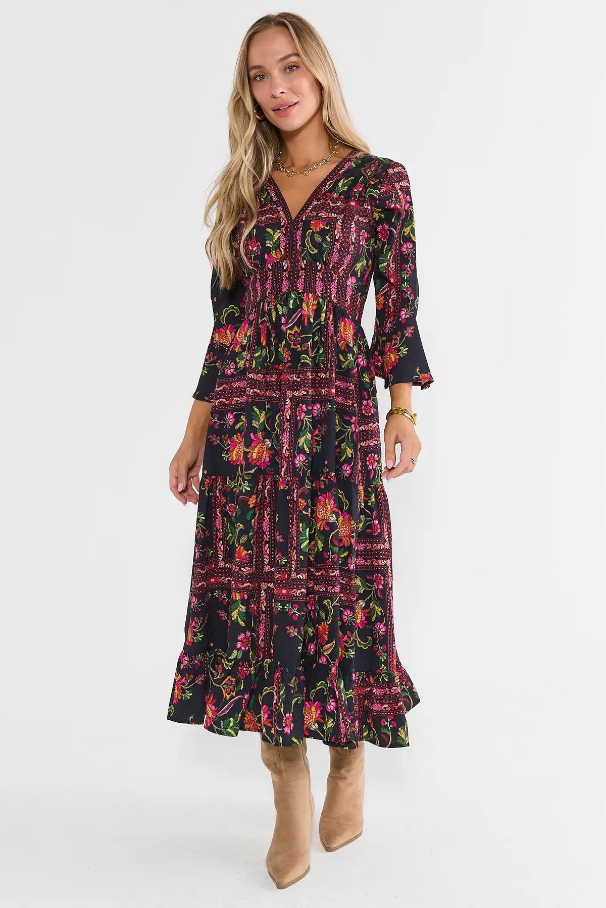 Black Floral Print Tiered Maxi Dress - Full Front View On Model with Boots | Avara