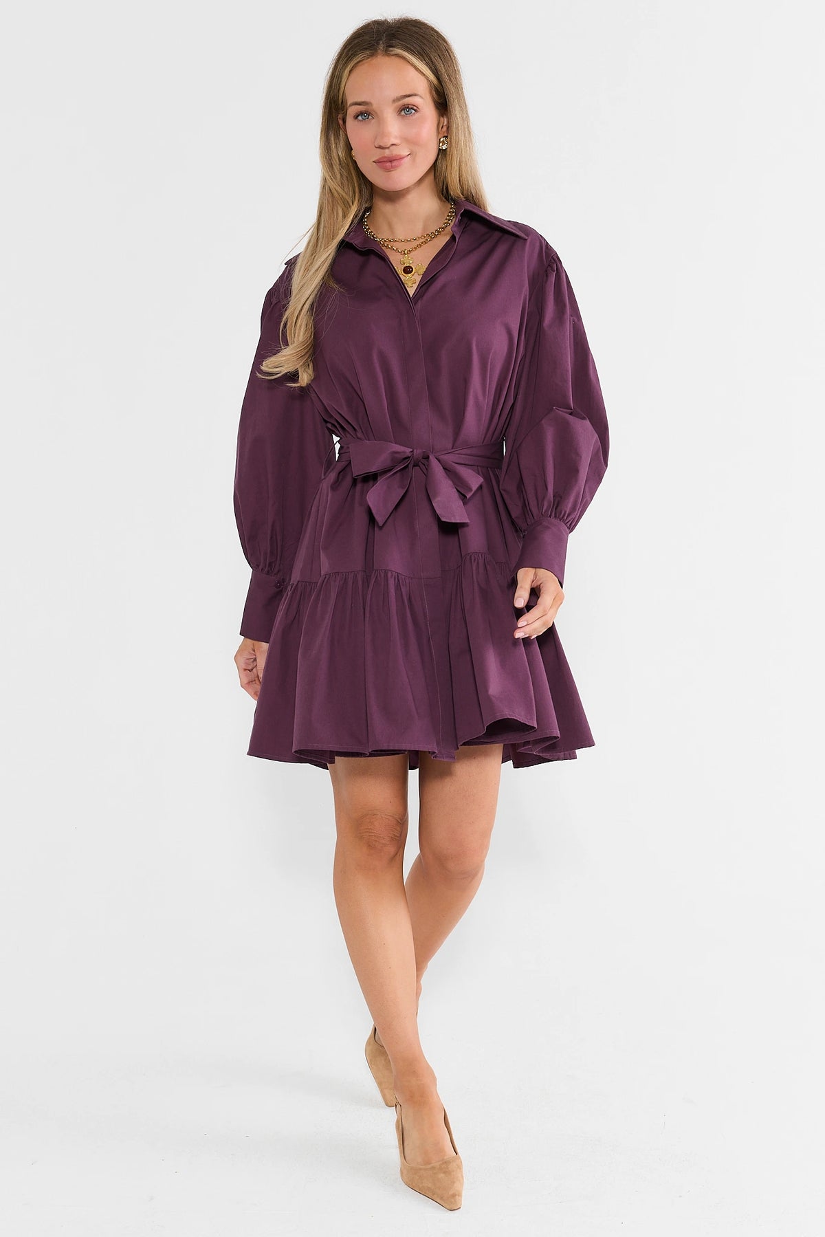 Purple Button Up Belted Short Dress