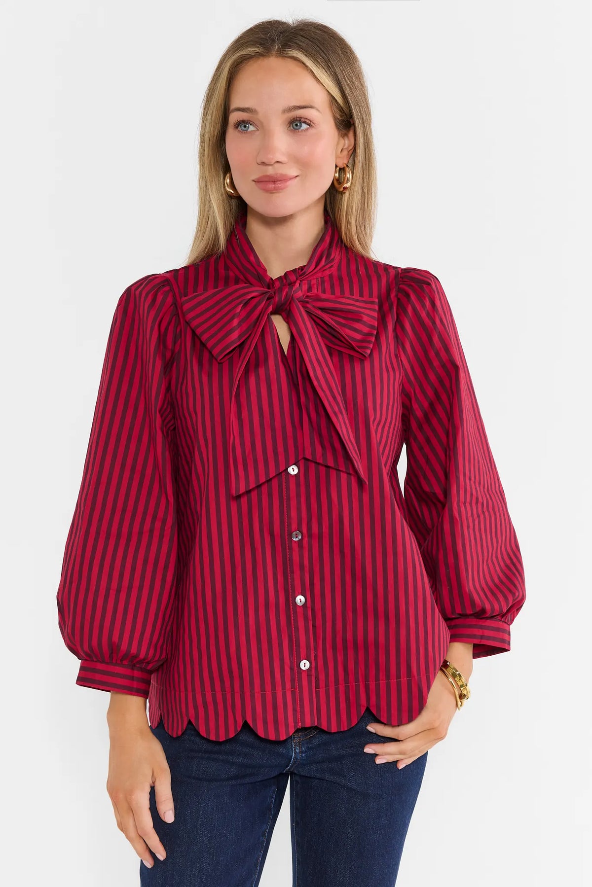 Red Striped Tie Neck Button-Up Top - Front View On Model | Avara