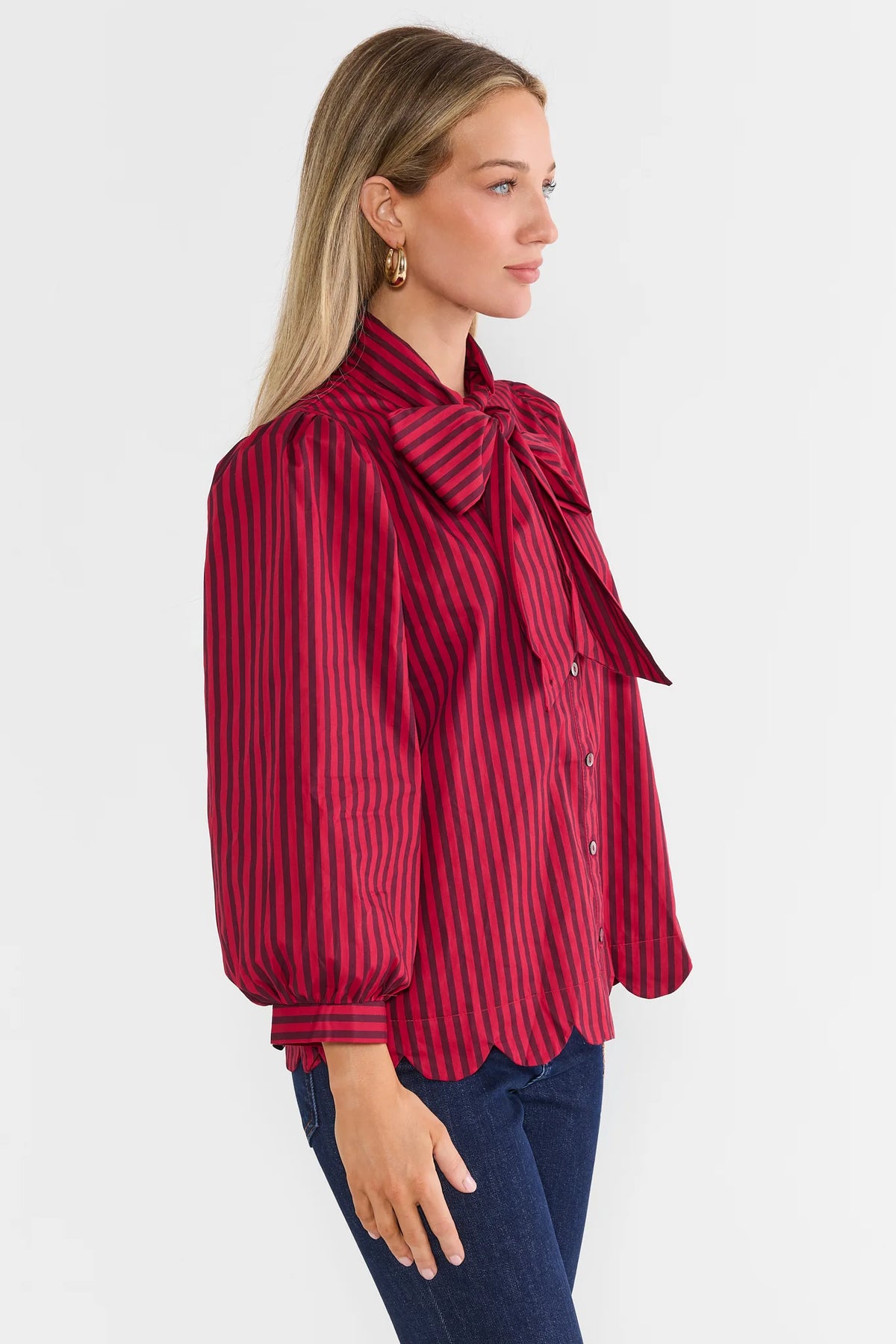 Red Striped Puff Sleeve Top - Side Profile On Model | Avara