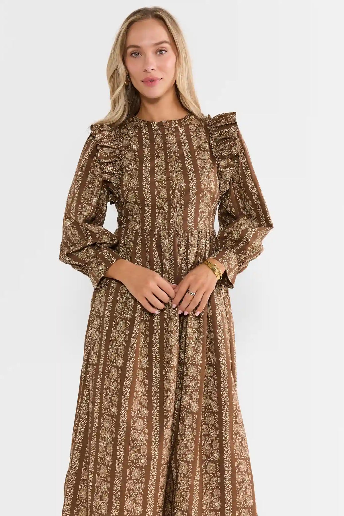Brown Printed Ruffle Detail Midi Dress