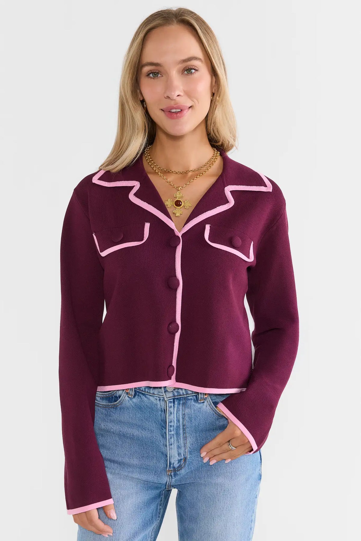 Burgundy Contrast Trim Cardigan