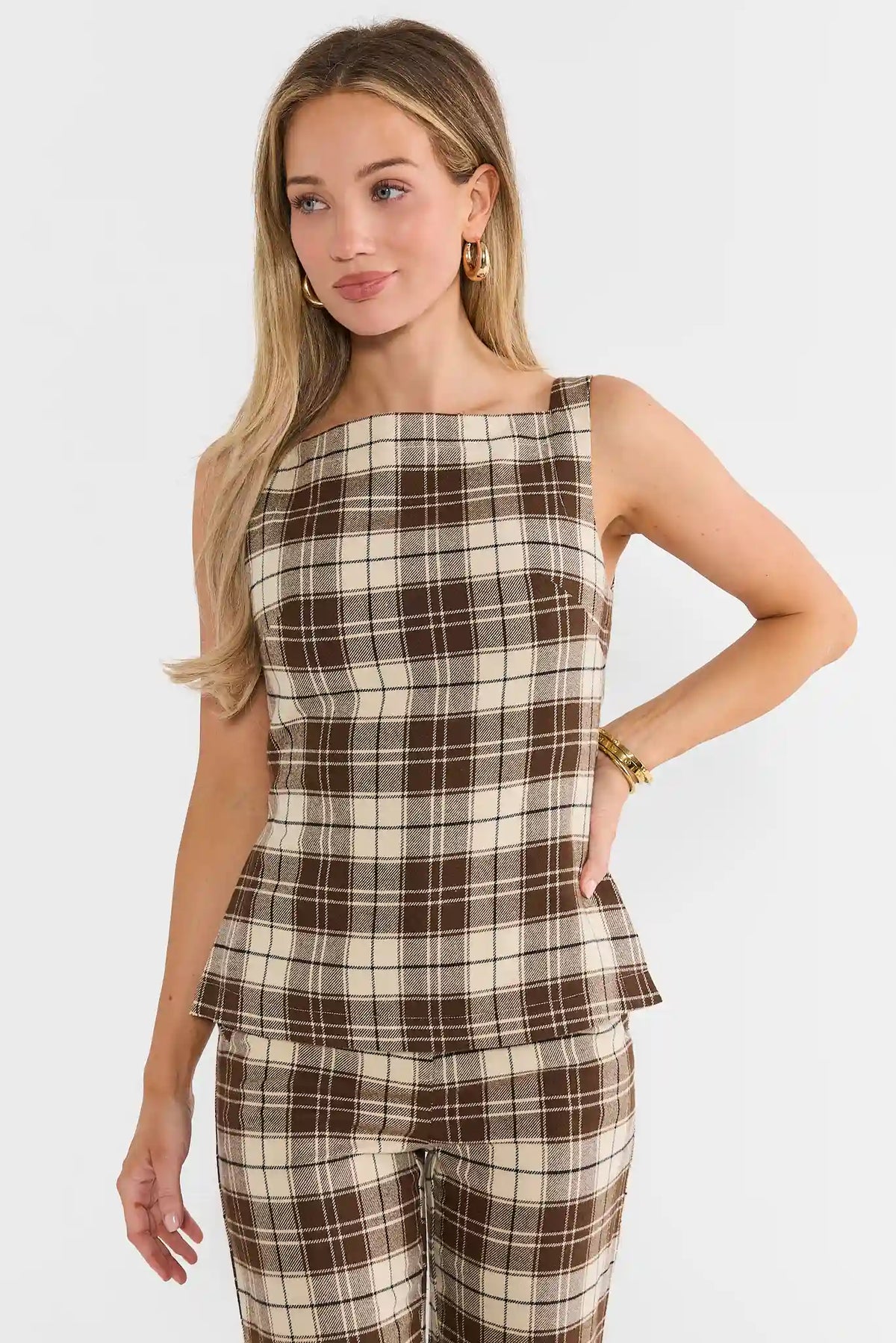 Brown Plaid Sleeveless Top