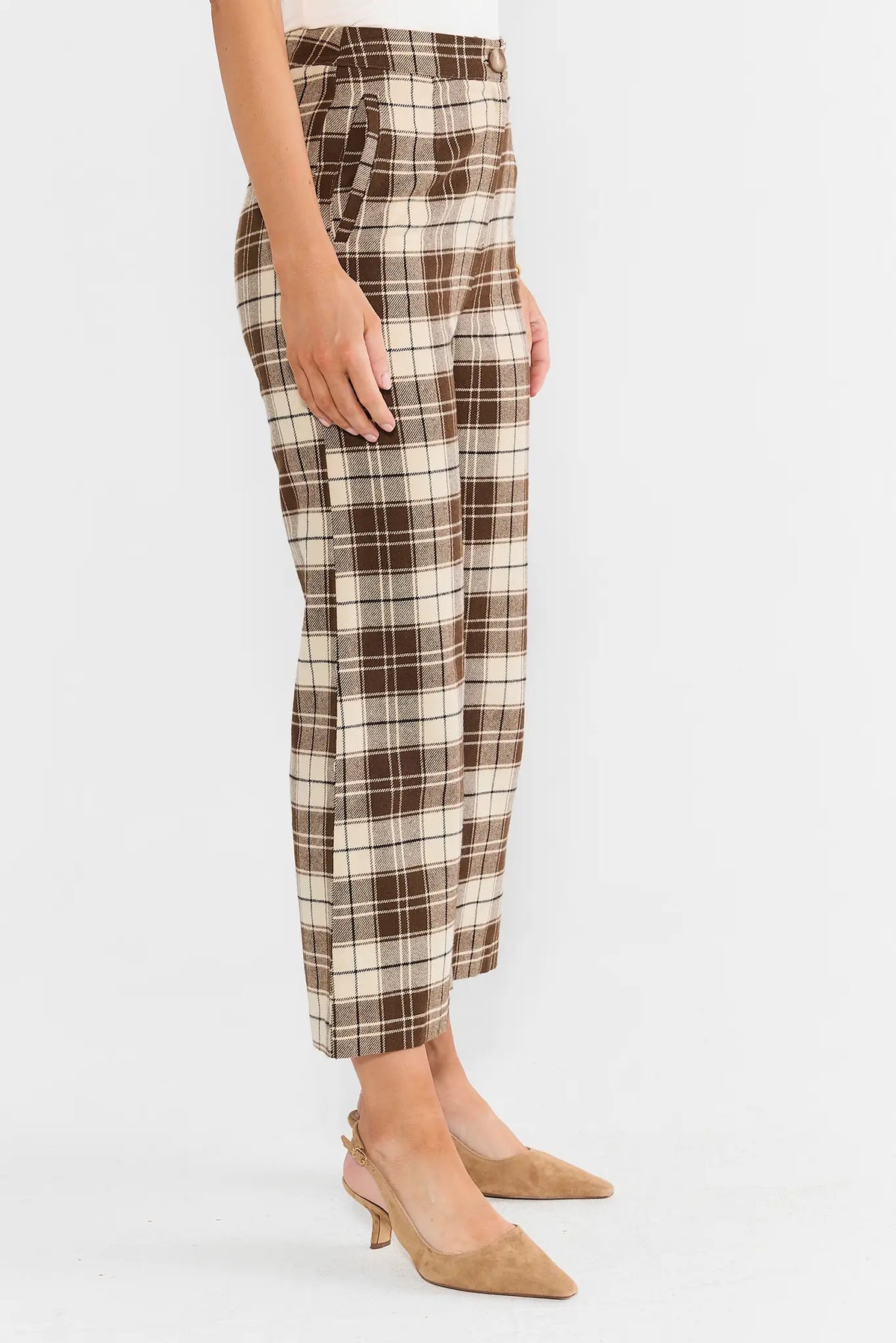 Brown Plaid Cropped Pants