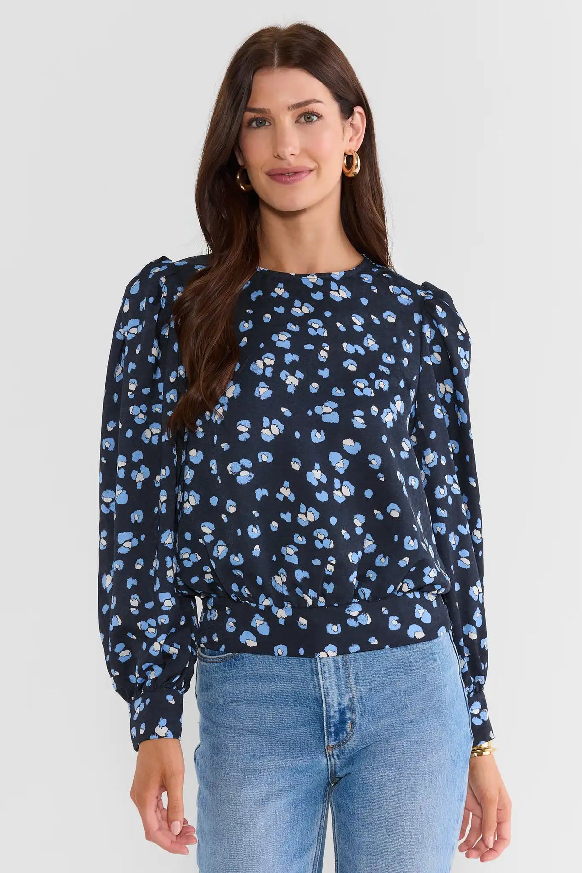 Navy Printed Gathered Sleeve Top
