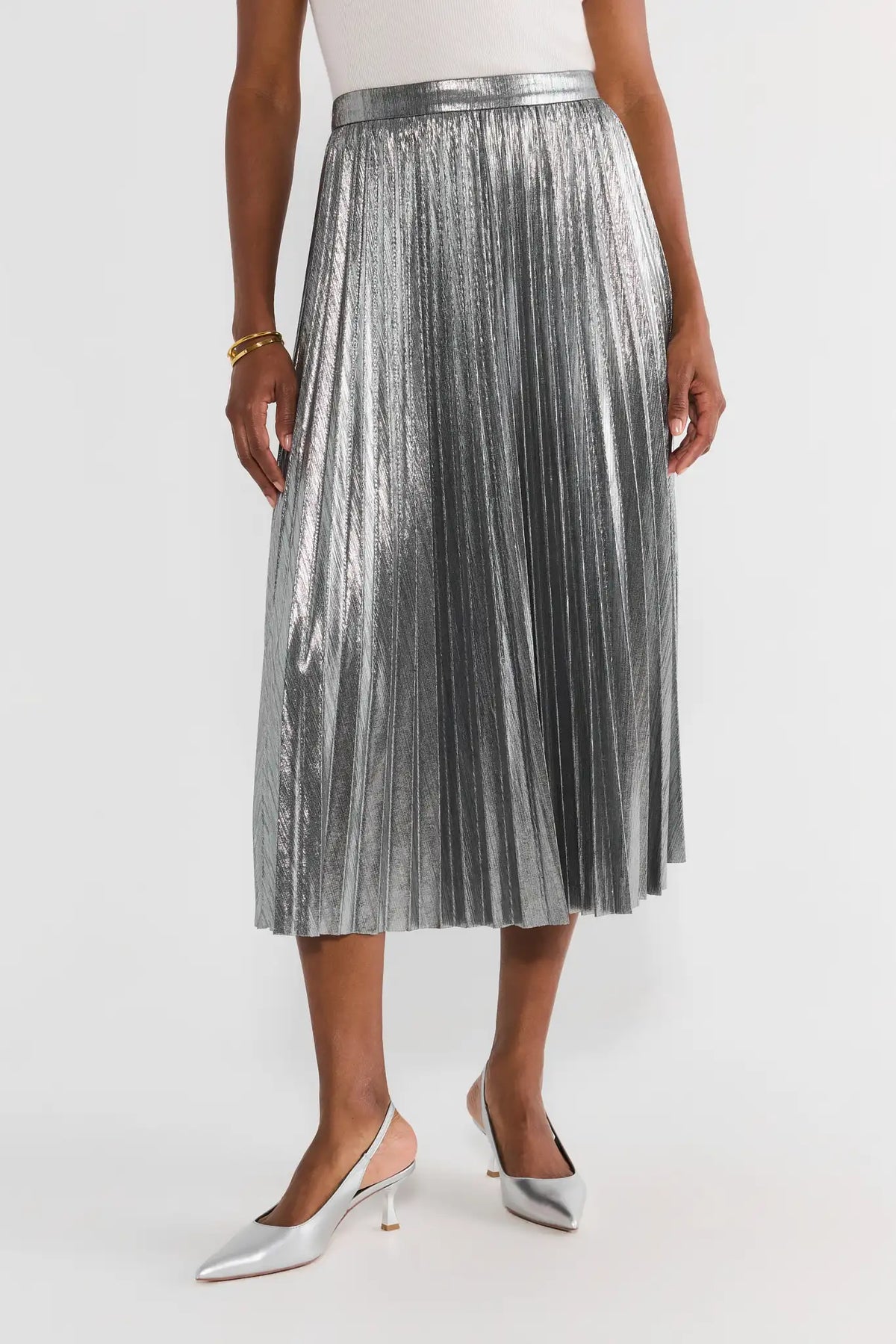 Silver Metallic Pleated Midi Skirt - Front On Model, High-Rise Waist | Avara