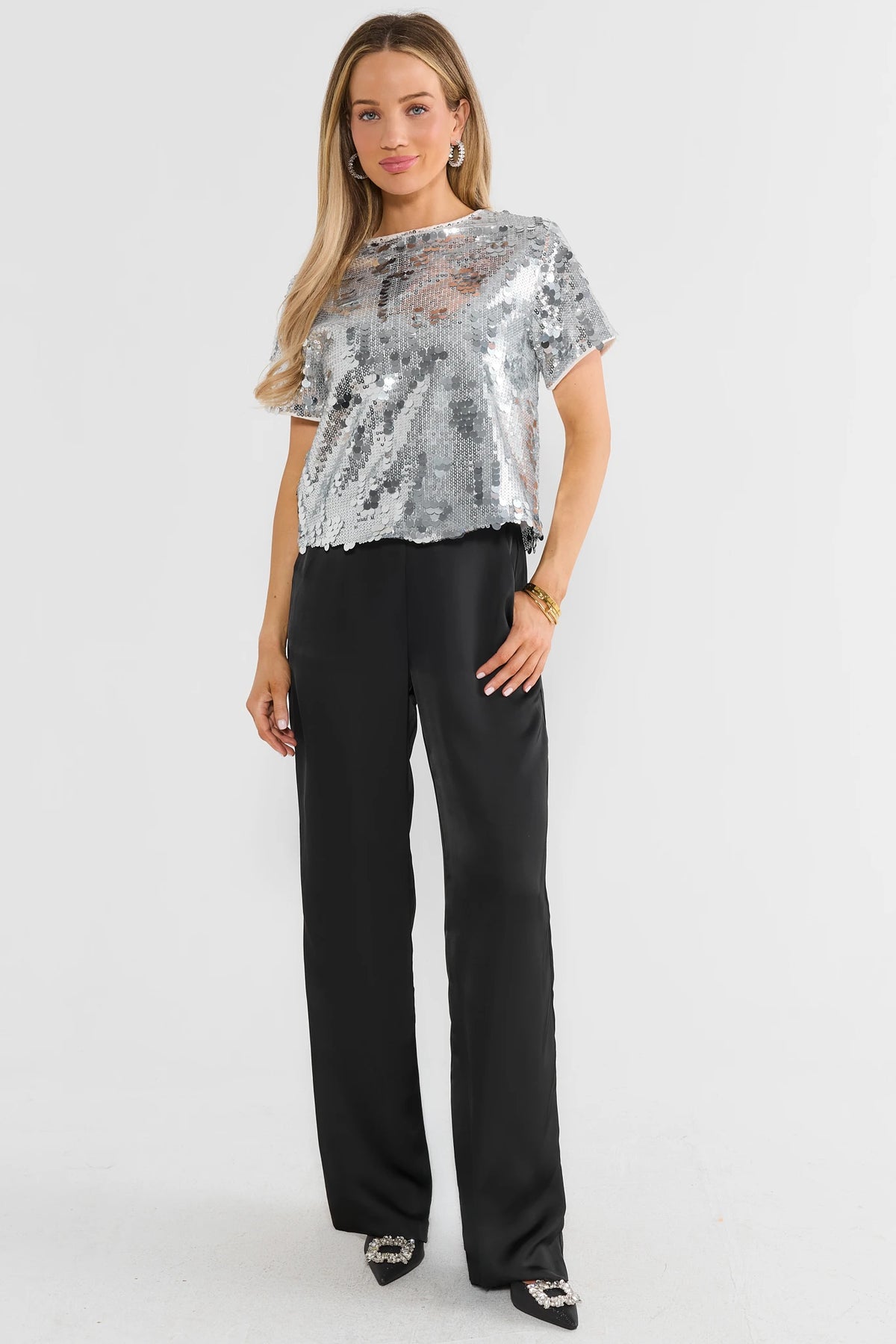Black Satin Wide Leg Pants - Styled Look with Silver Sequin Top | Avara
