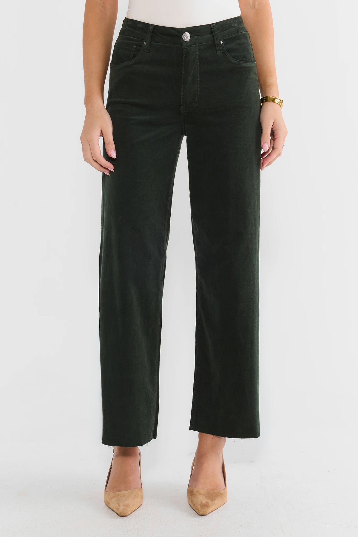 Green Corduroy High-Rise Wide-Leg Jeans - Front View On Model | Avara