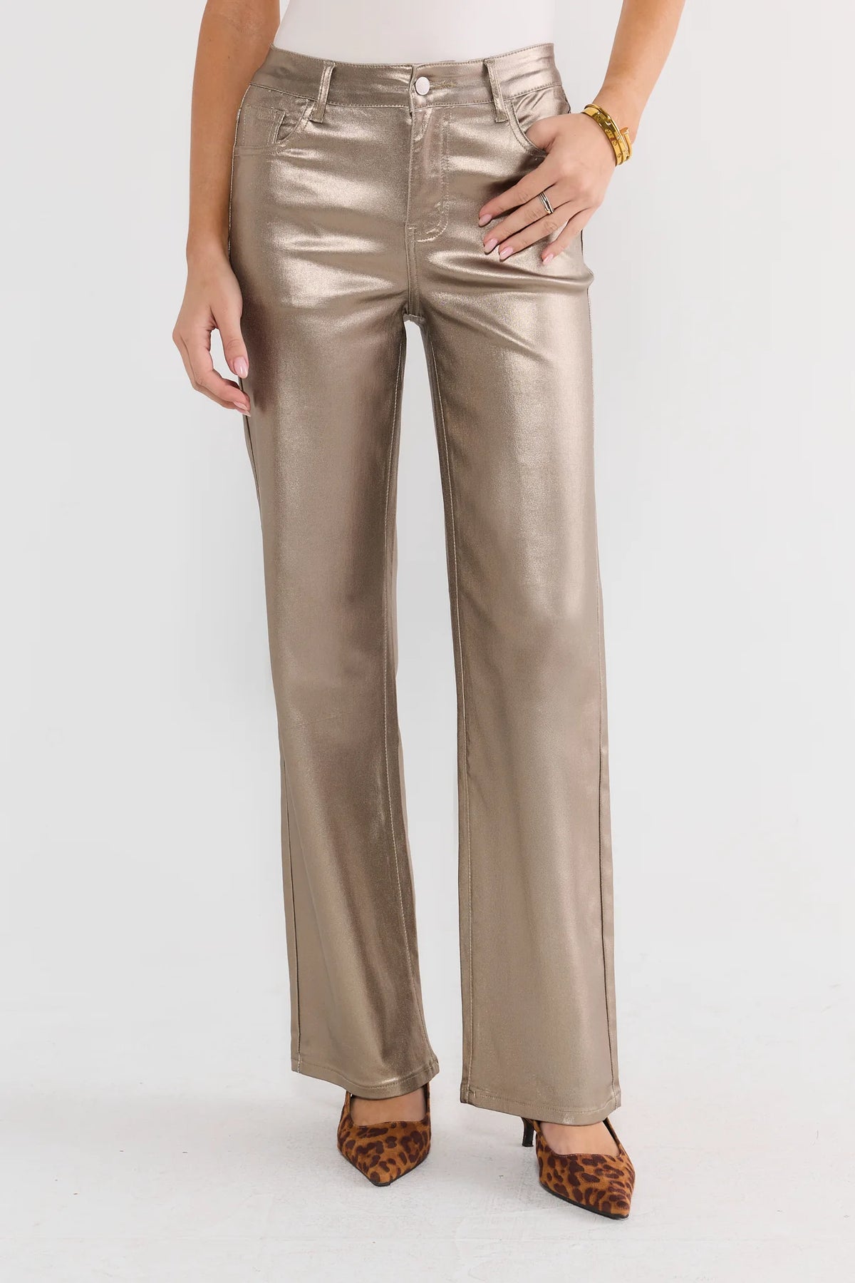 Champagne Metallic High-Rise Straight-Leg Pants - Front View On Model | Avara
