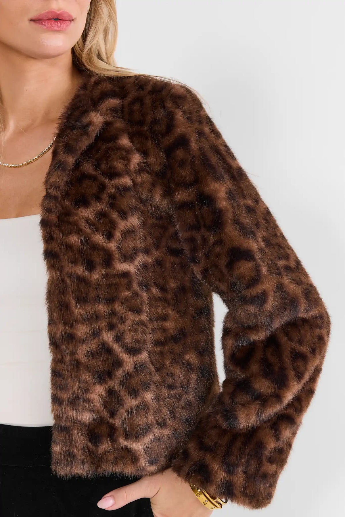 Brown Leopard Faux Fur Coat - Close-Up Fabric Texture Detail | Avara