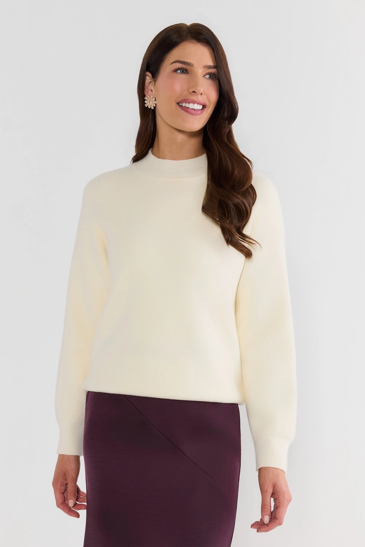 Ivory Knit Mock Neck Sweater - Front View On Model | Avara