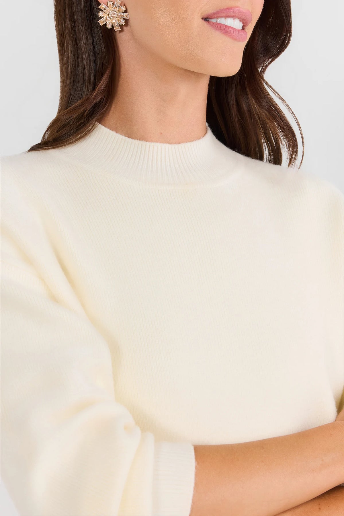 Ivory Knit Mock Neck Sweater - Ribbed Neckline Close-Up Detail | Avara