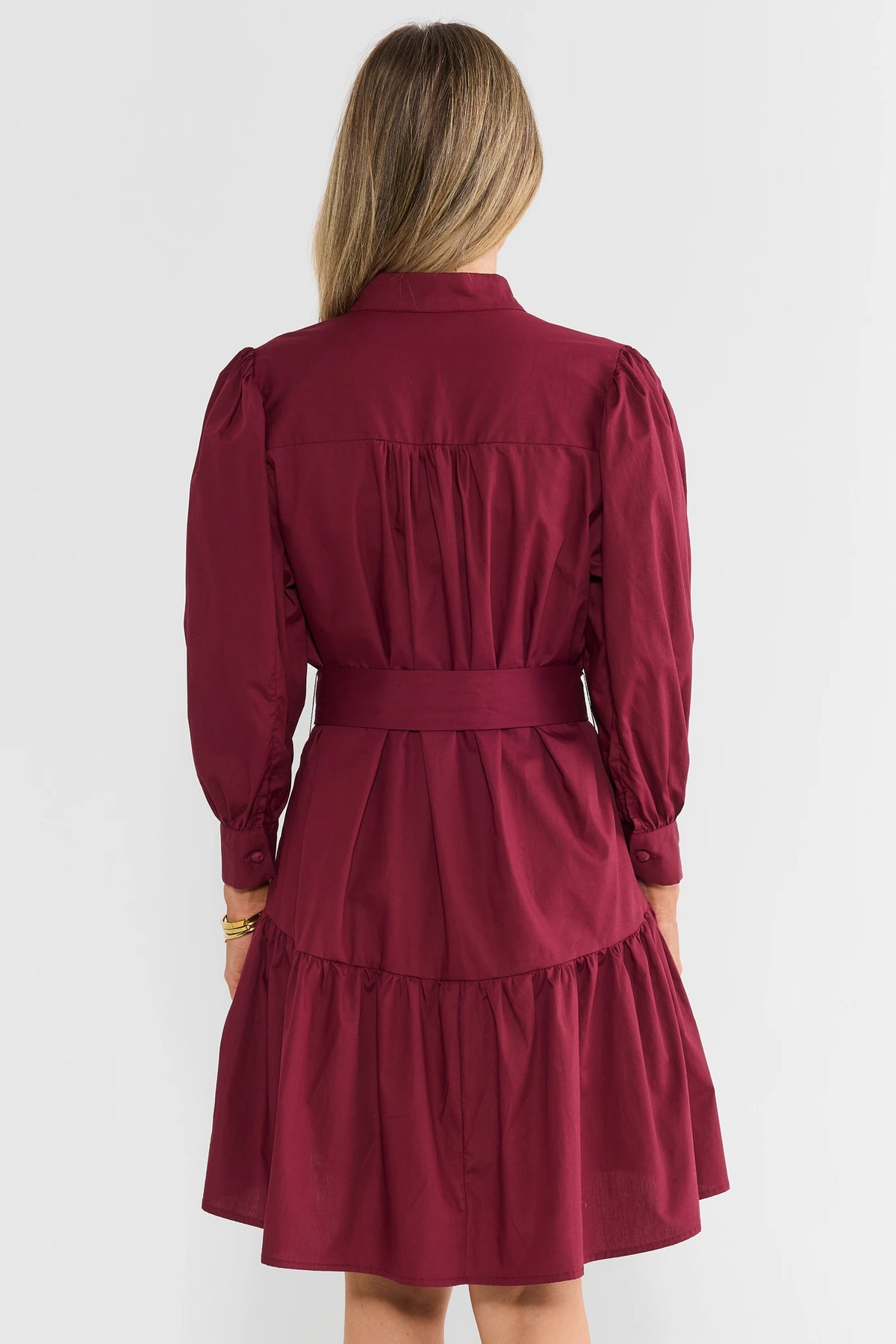 Maroon Button Up Short Dress - Back View, Tiered Skirt & Belted Waist | Avara