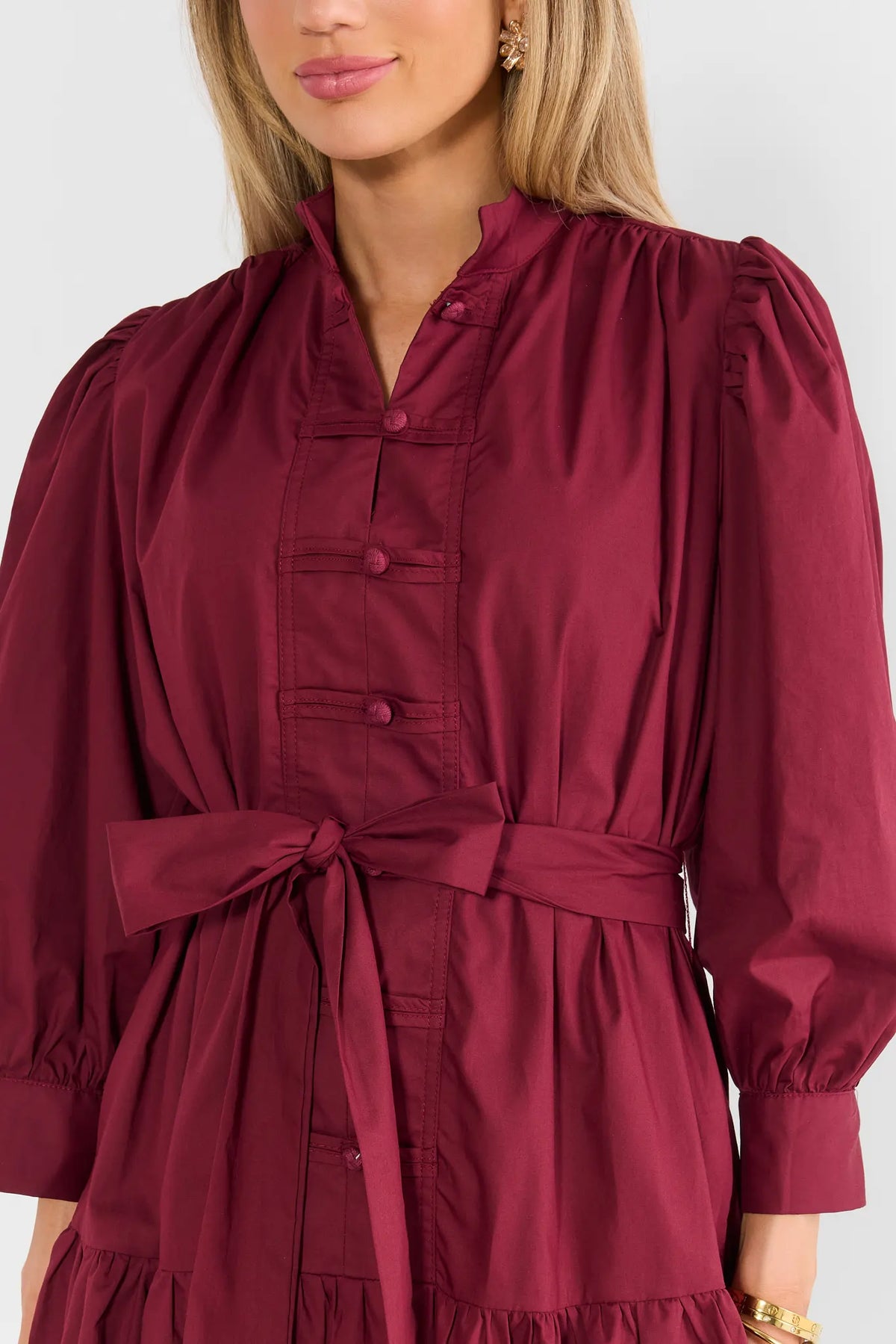 Maroon Button Up Short Dress - Close-Up Neckline & Button Detail | Avara