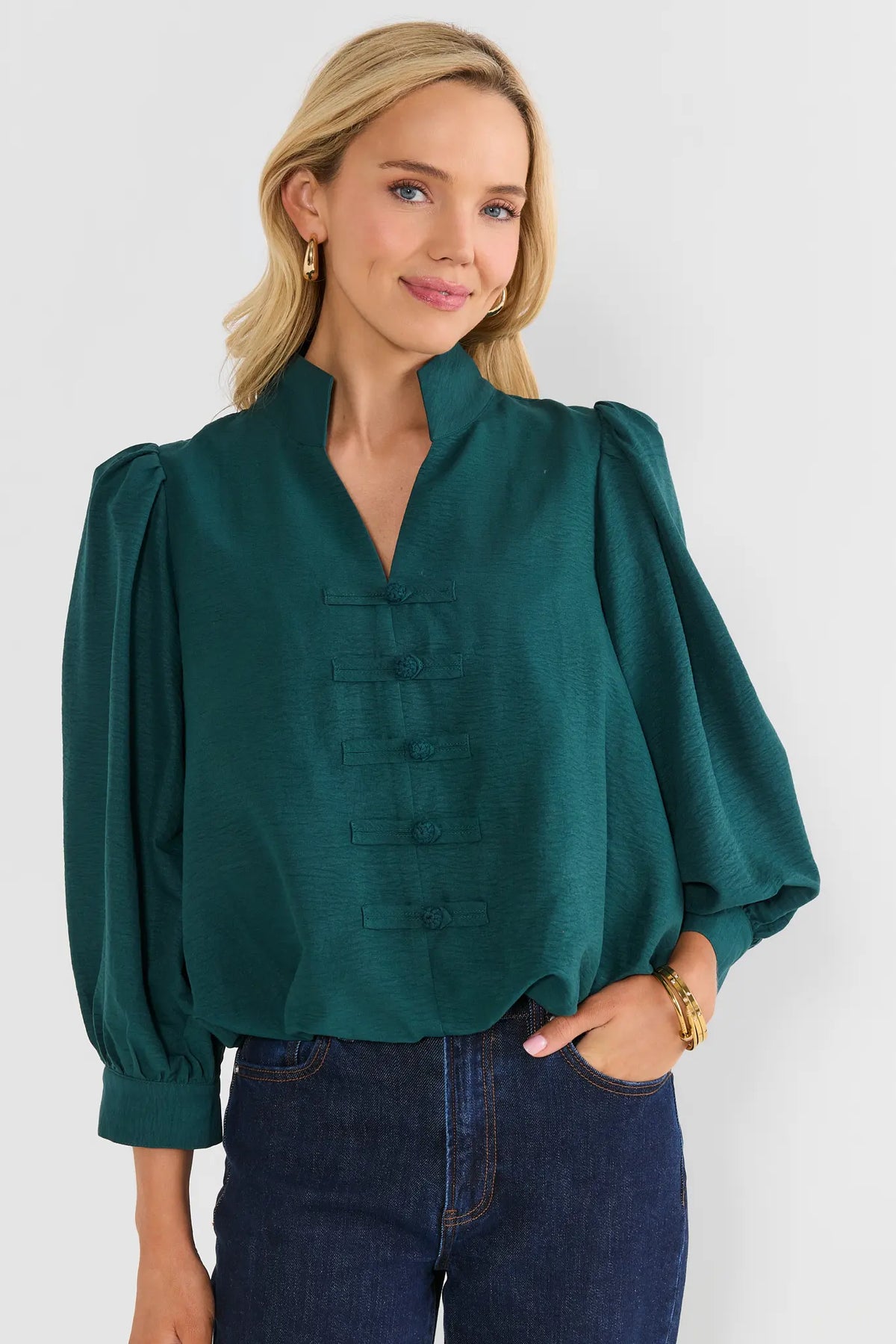 Deep Green Puff Sleeve Split Neck Top - Front View On Model | Avara