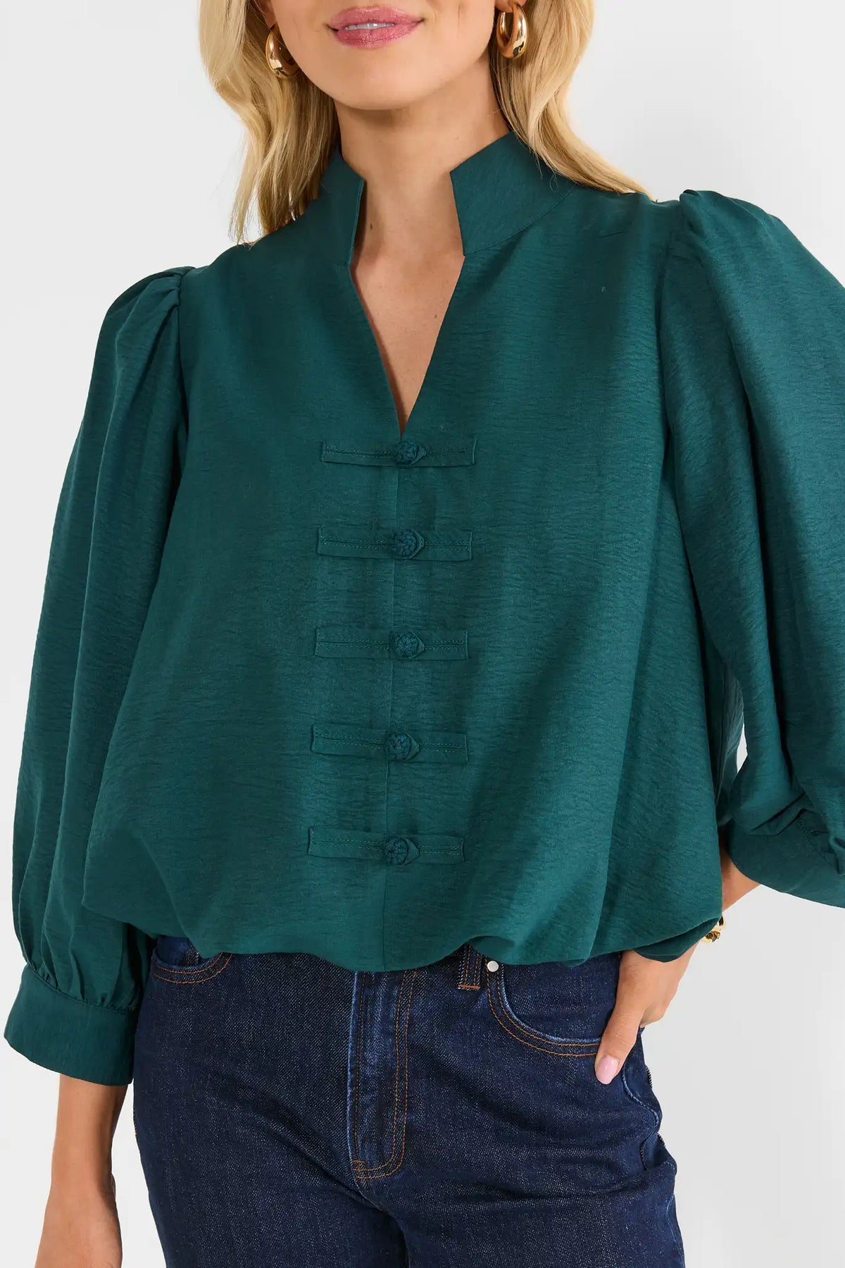 Deep Green Split Neck Top Tonal Button Detail Close-Up - Front Detail | Avara