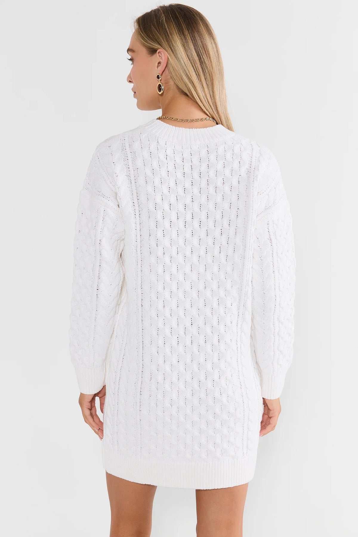 Ivory Cable Knit Sweater Short Dress - Back View, Long Sleeve Shift Silhouette | Avara