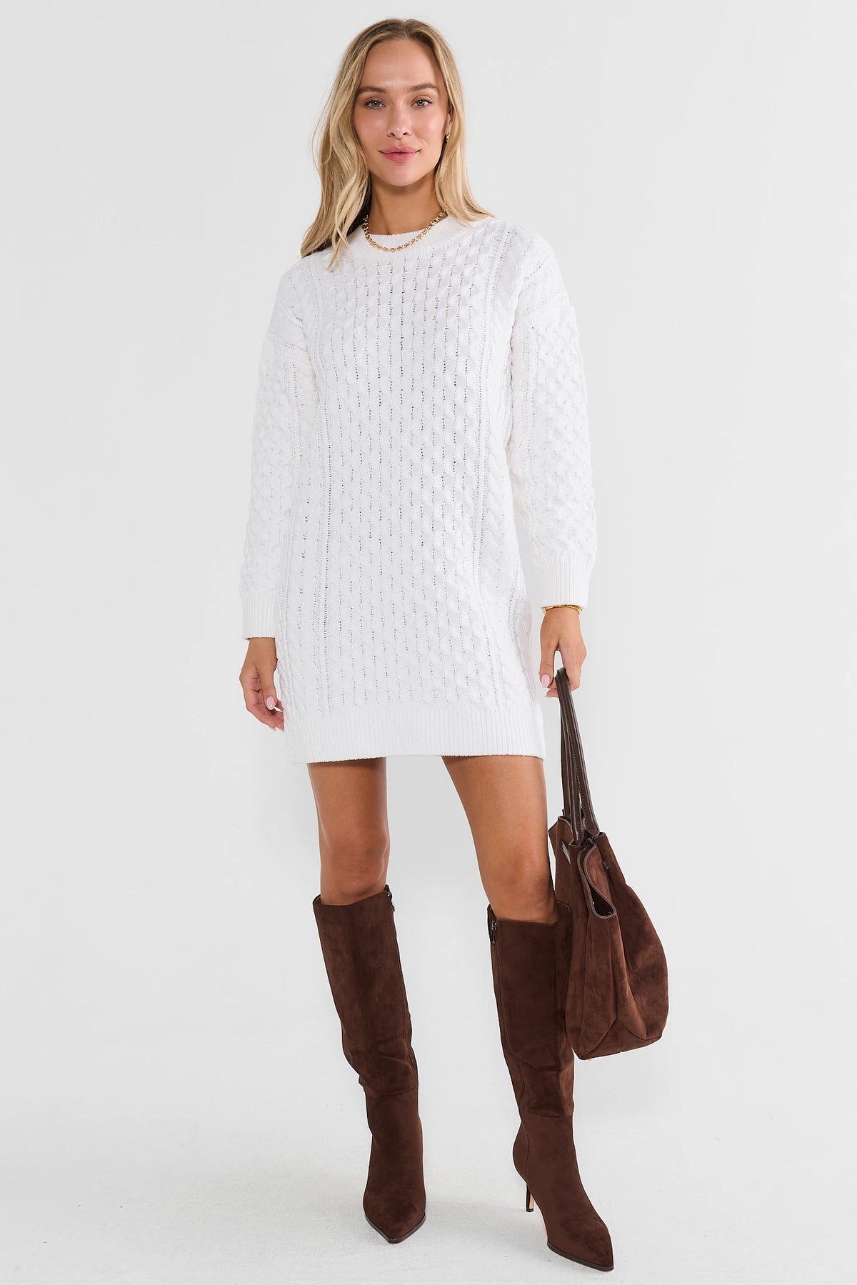 Ivory Cable Knit Sweater Short Dress - Full Look, Styled with Brown Boots | Avara
