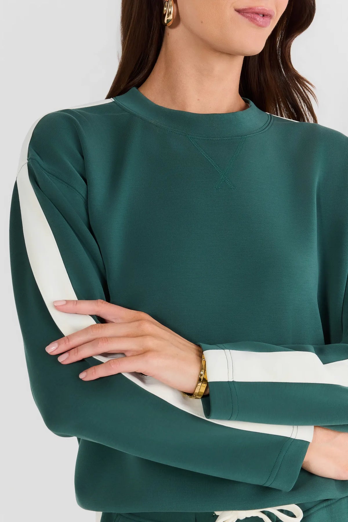 Green Crew Neck Pullover - Close-Up Stripe Sleeve & Neckline Detail | Avara