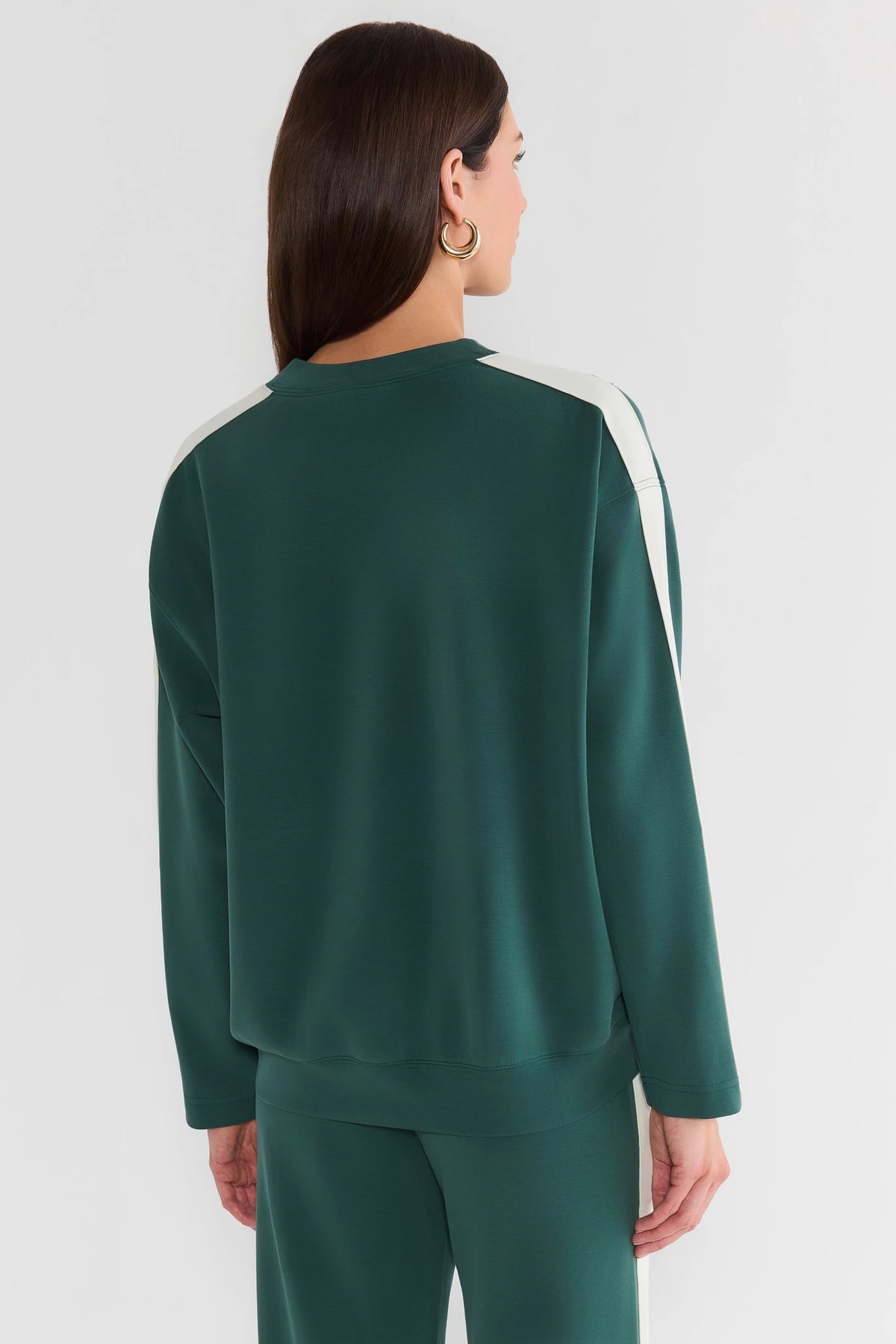 Green Contrast Stripe Pullover Sweatshirt - Back View On Model | Avara