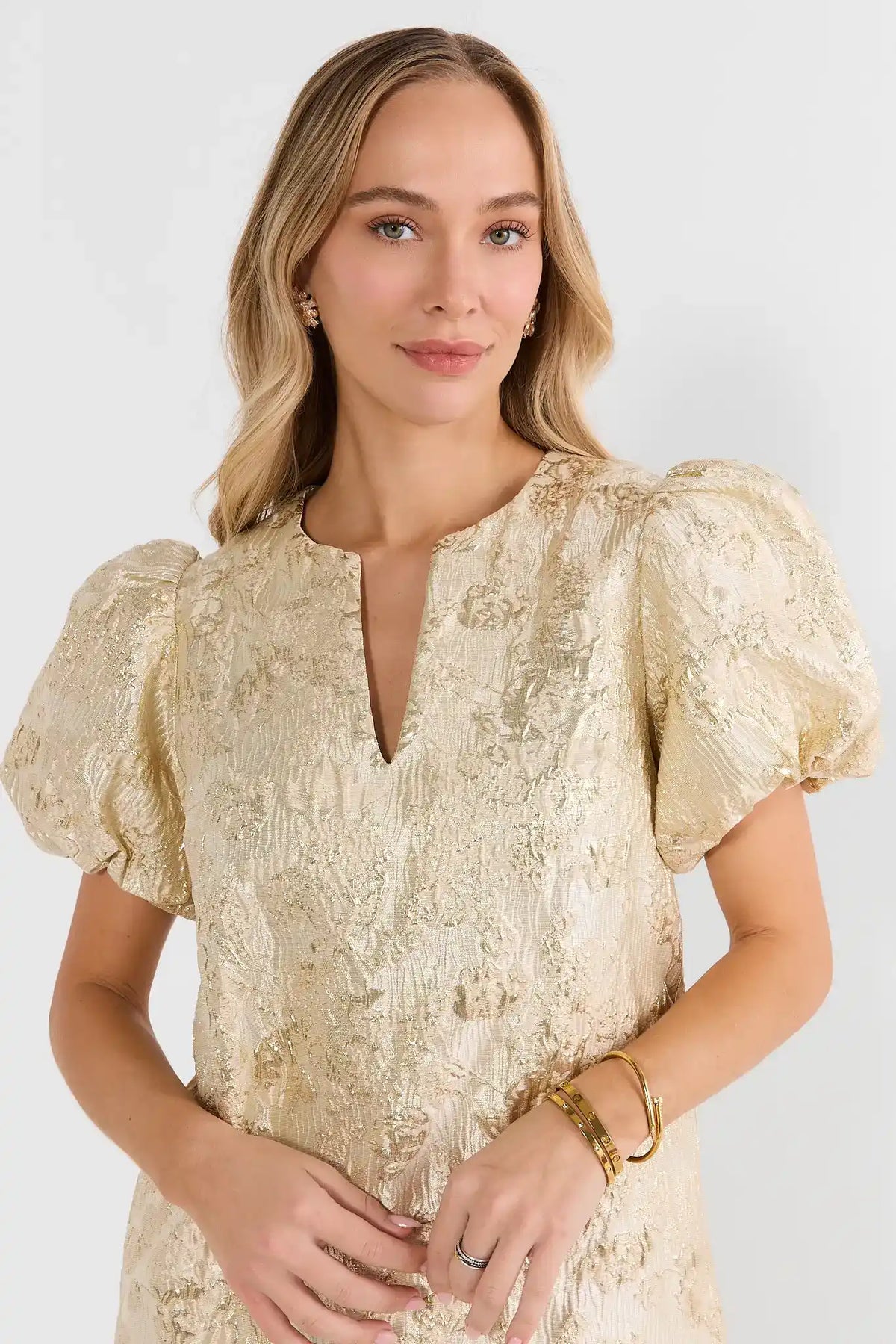Gold Brocade Puff Sleeve Short Dress - Neckline Close-Up Detail | Avara