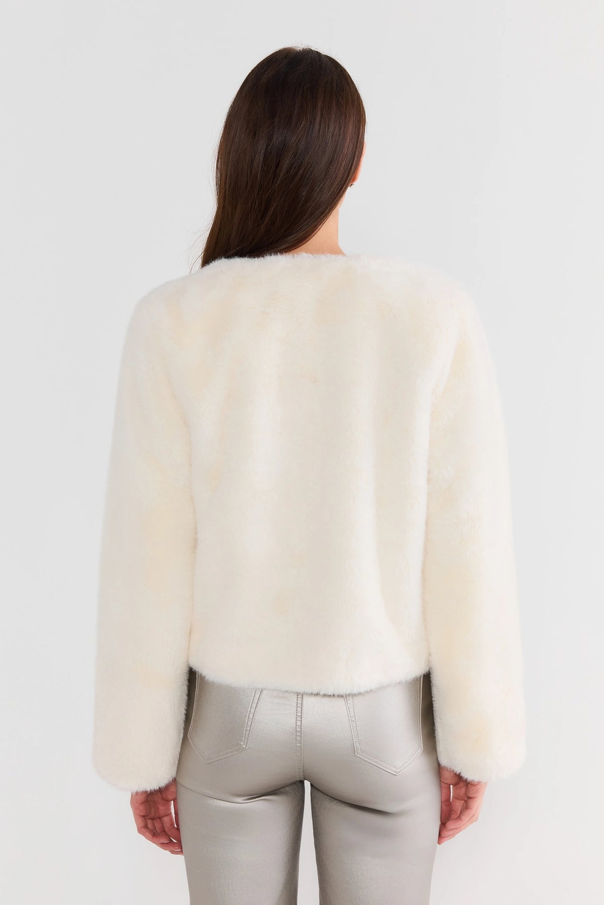 Ivory Faux Fur Jacket - Three-Quarter Angle On Model | Avara