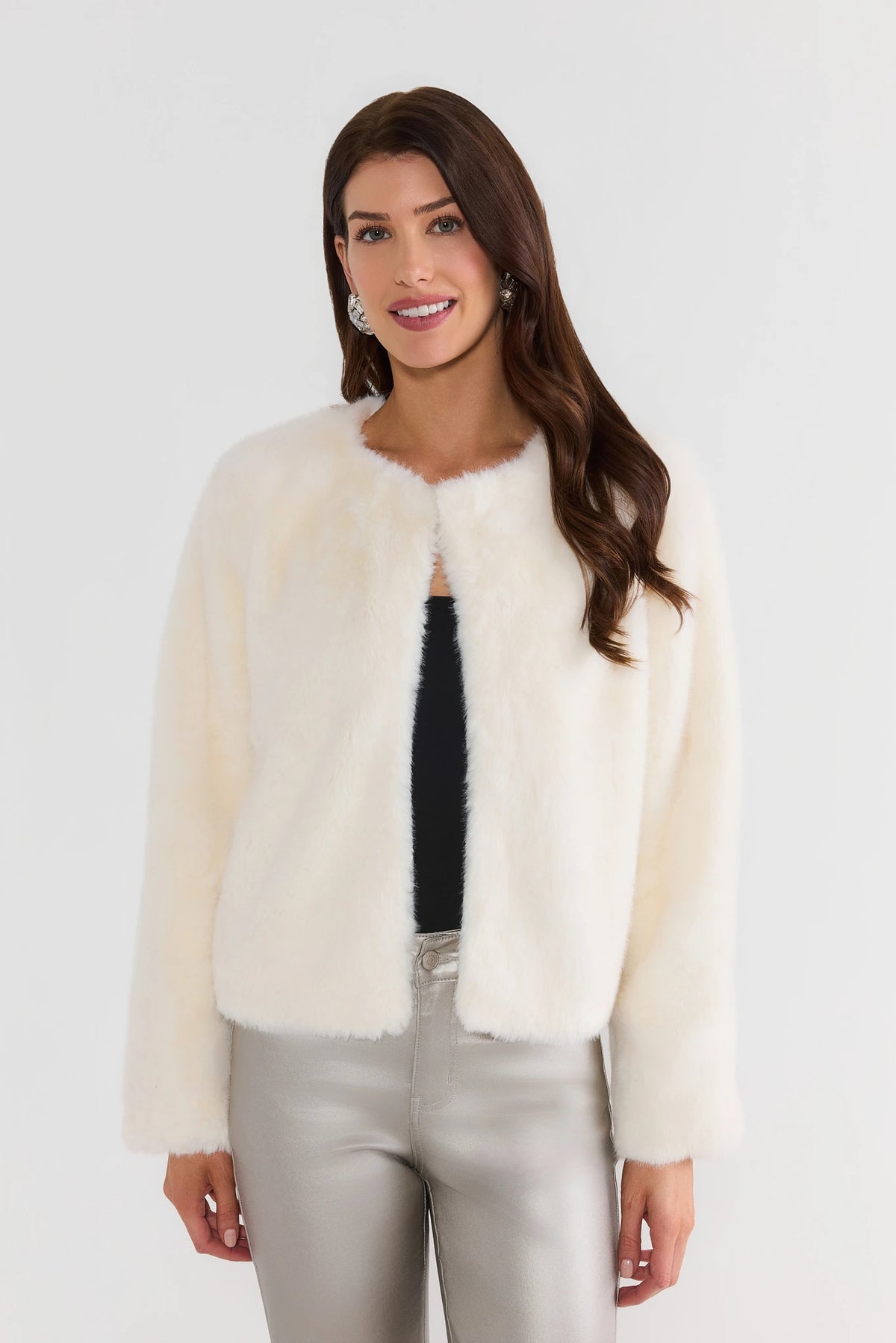 Ivory Faux Fur Cropped Jacket - Front View On Model | Avara