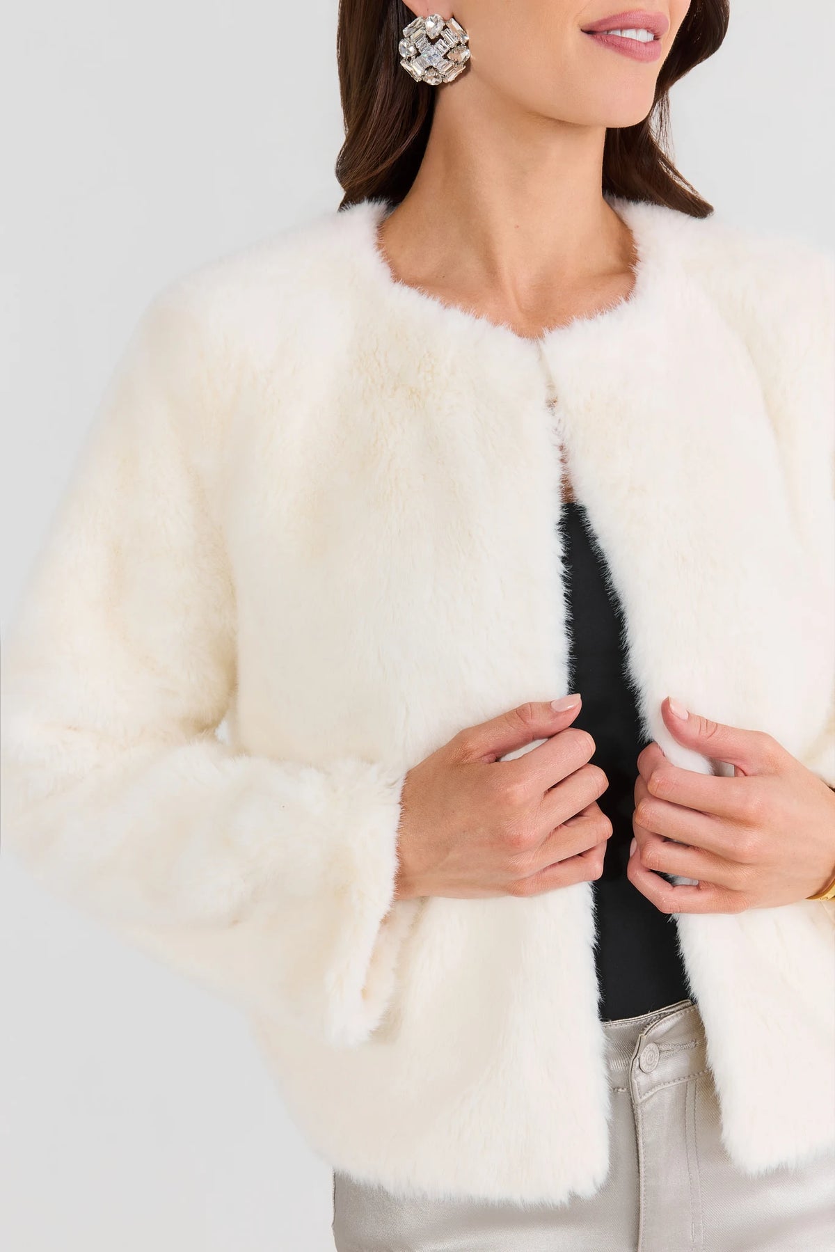 Ivory Faux Fur Jacket - Close-Up Fabric Texture Detail | Avara
