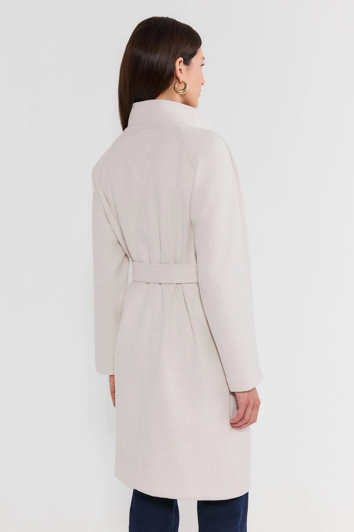 Ivory Funnel Neck Belted Coat - Back View Showing Belt & Seam Detail | Avara